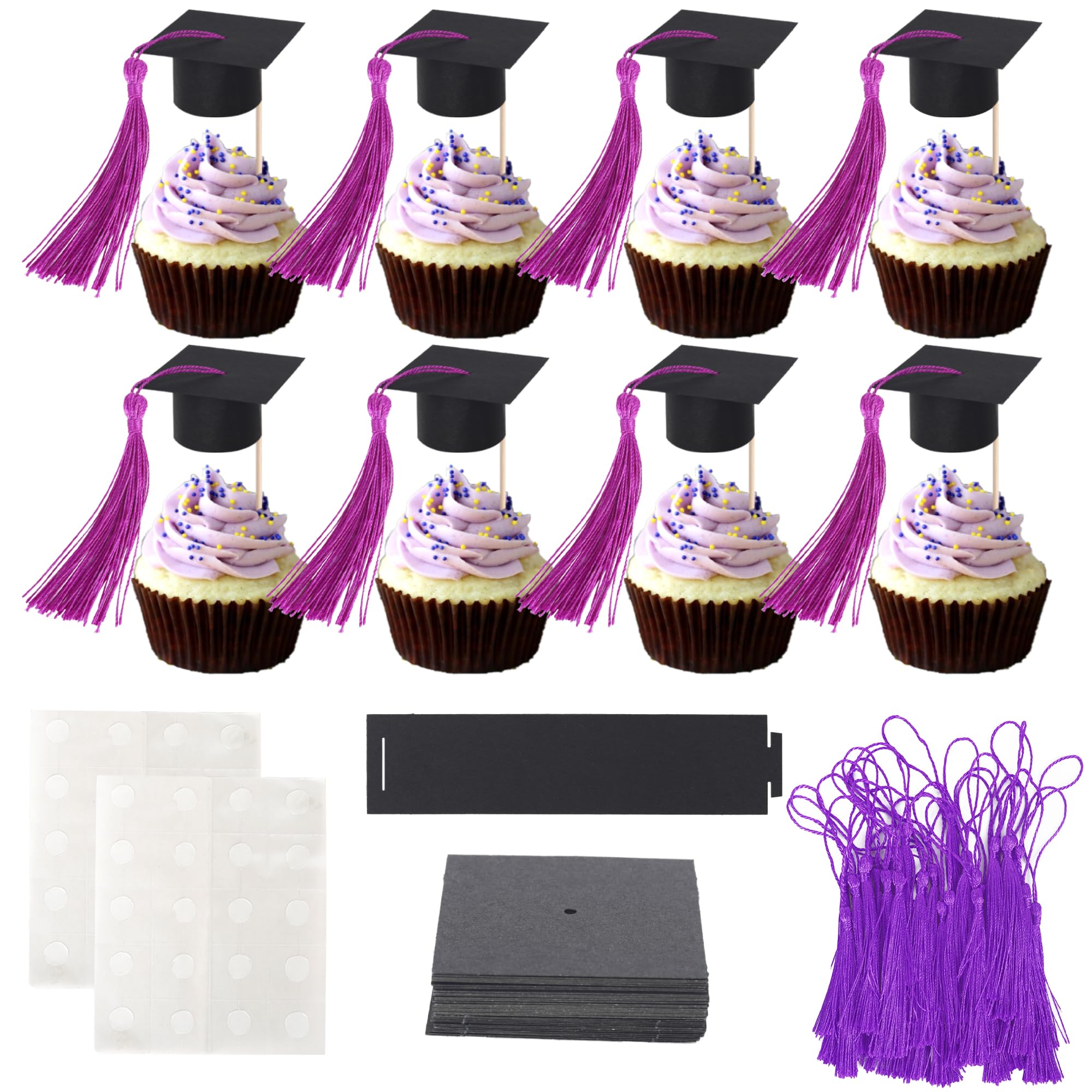 24 Pack 2026 Graduation Cap Cupcake Toppers with Purple Tassel Mini Caps Chocolate Decorations Class of 2026 Congrats Grad Cap Cupcake Picks for 2026 School Graduate Party Cake Decorations