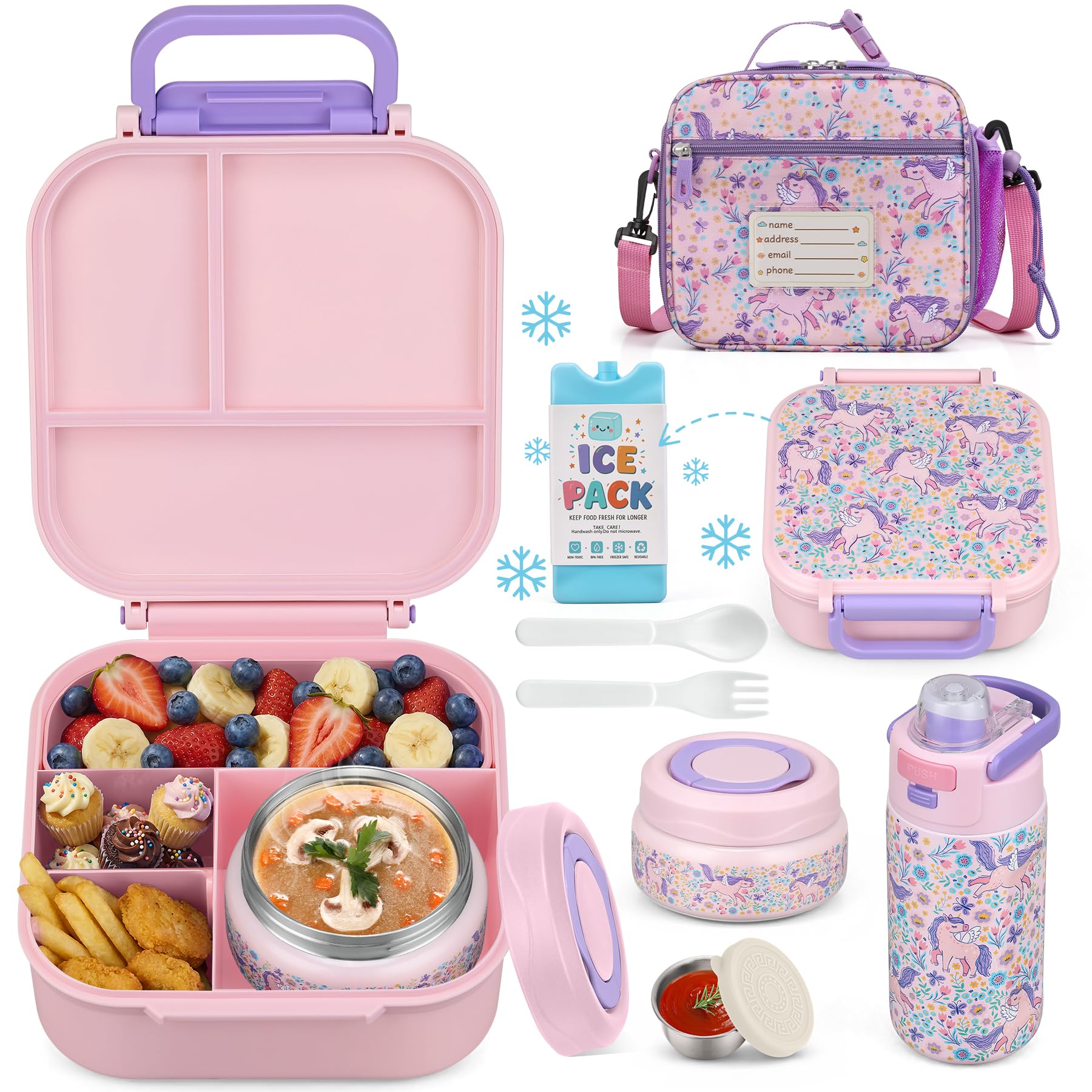 Bento Lunch Box for Kids with 7oz Soup Thermo,Insulated Stainless Steel Kids Water Bottle with Straw and Insulated Lunch Bag,Leak-Proof Lunch Food Container with Ice Pack for School(Pink-Horse)