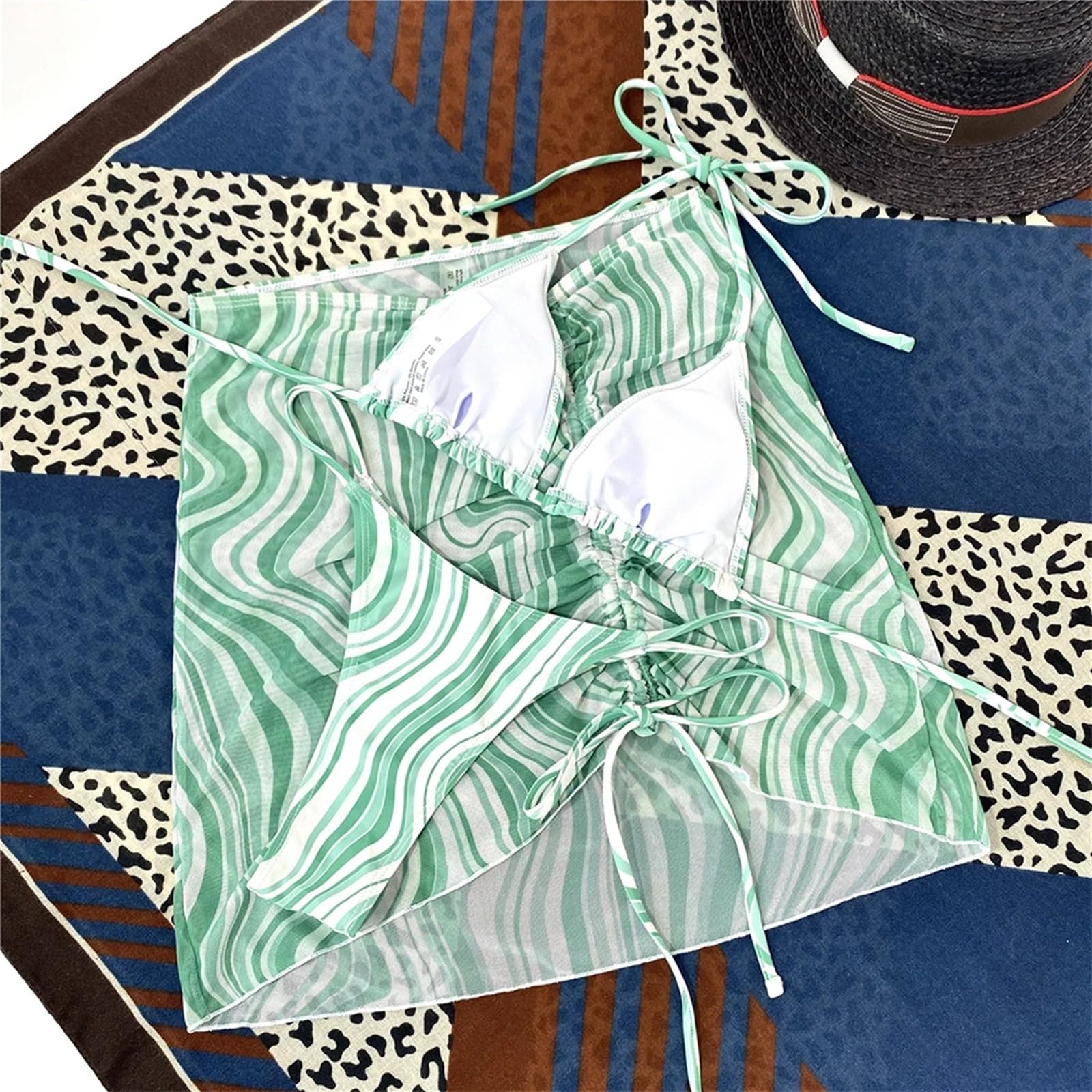 Conjunto de Bikini Conjuntos de Bikini con Estampado Ondas, Trajes baño Plisados ​​para Mujer, Traje 3 Piezas, minifaldas Cordones