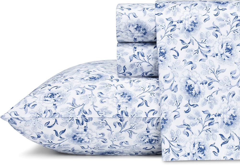 Laura Ashley Home - King Sheets, Soft Sateen Cotton Bedding Set - 4 Pieces, Sleek, Smooth, & Breathable Home Decor (Lorelei Dark Blue, King)