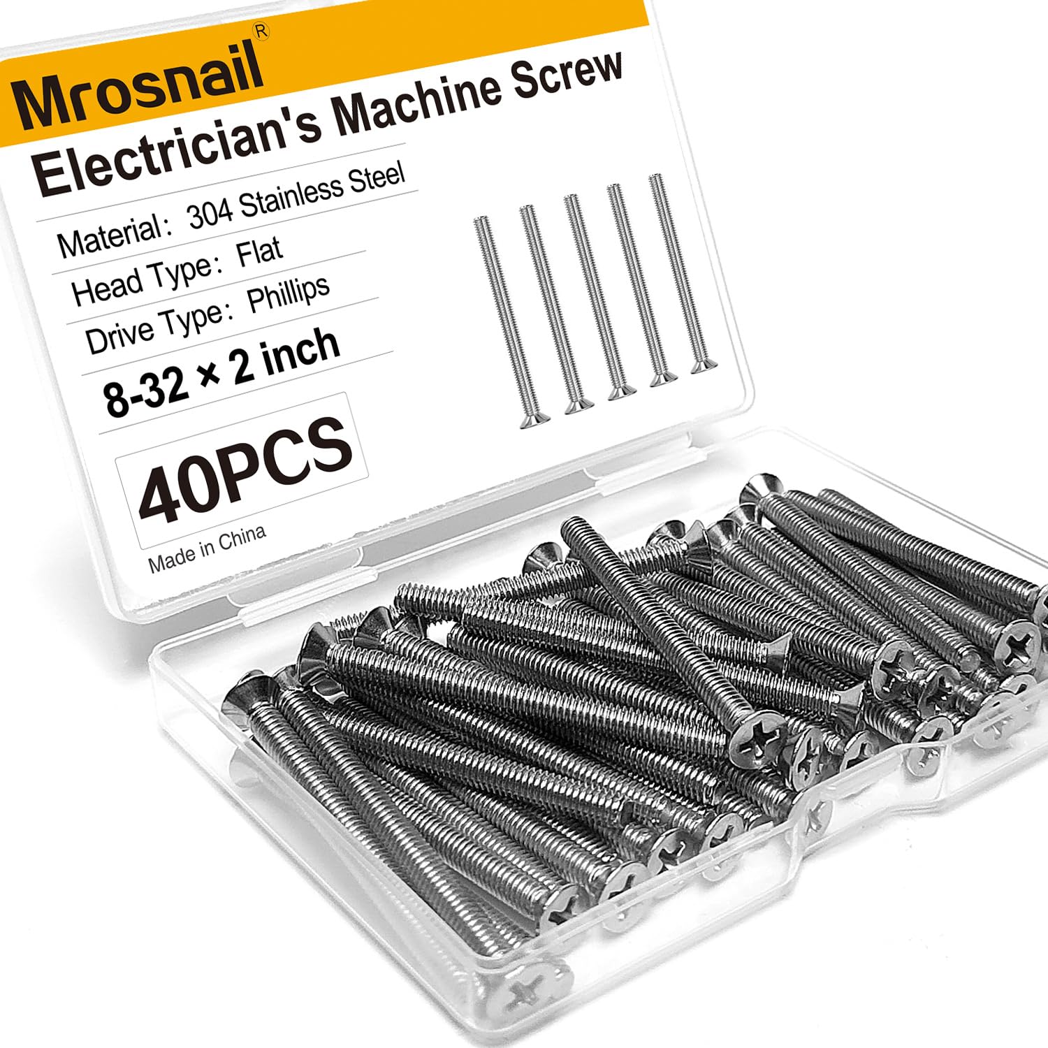 40PCS 8-32 Machine Screws, 2 inch Stainless Steel Extra Long Outlet Screws or Deep Outlet Repair, Heavy Device Mounting, Loose Electrical Boxes and