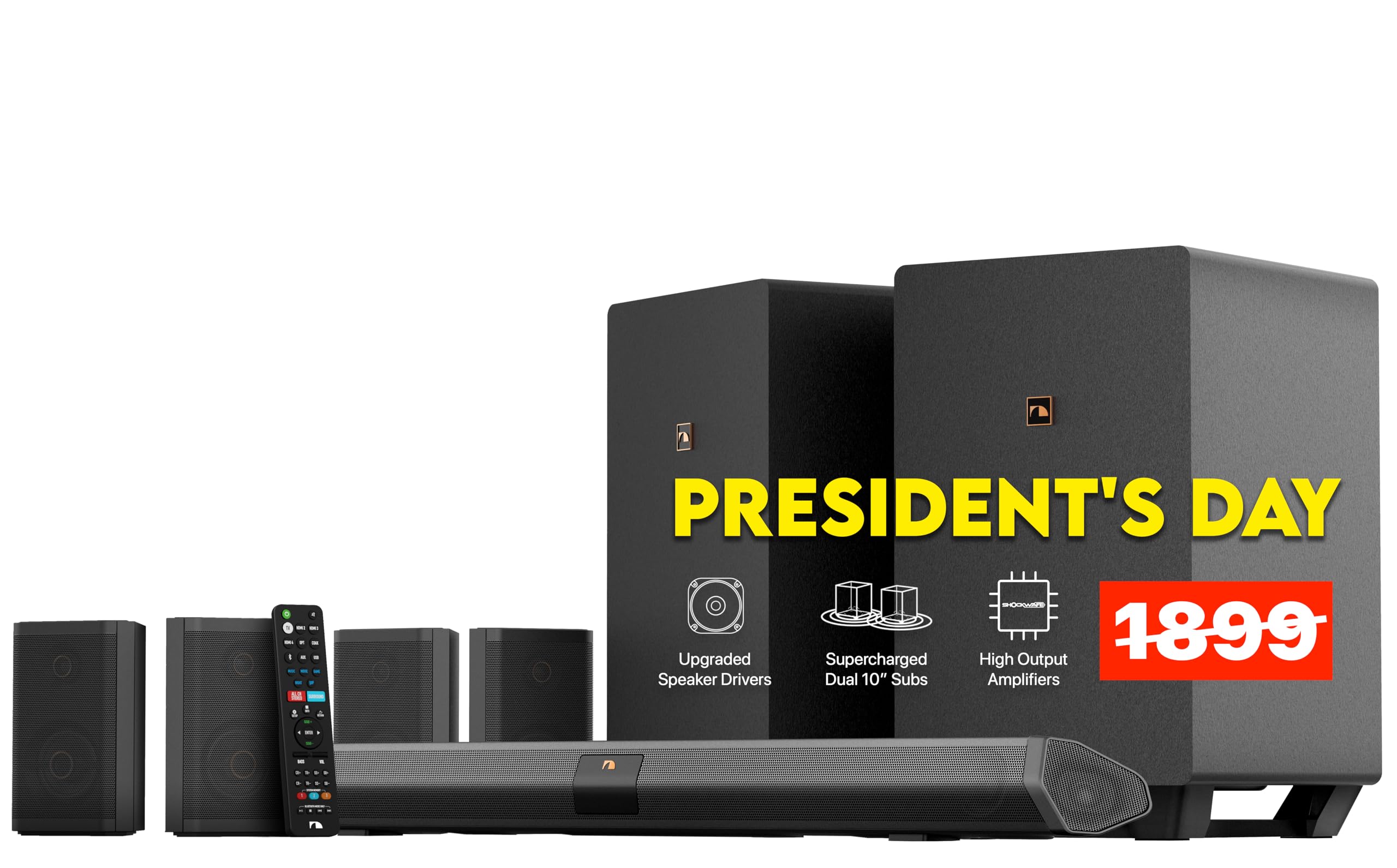 Nakamichi Shockwafe Ultra 9.2.4 Channel Dolby Atmos/DTS:X Soundbar with Dual 10" Subwoofers (Wireless), 4 Rear Surround Effects Speakers, eARC and SSE Max Technology (Flagship)