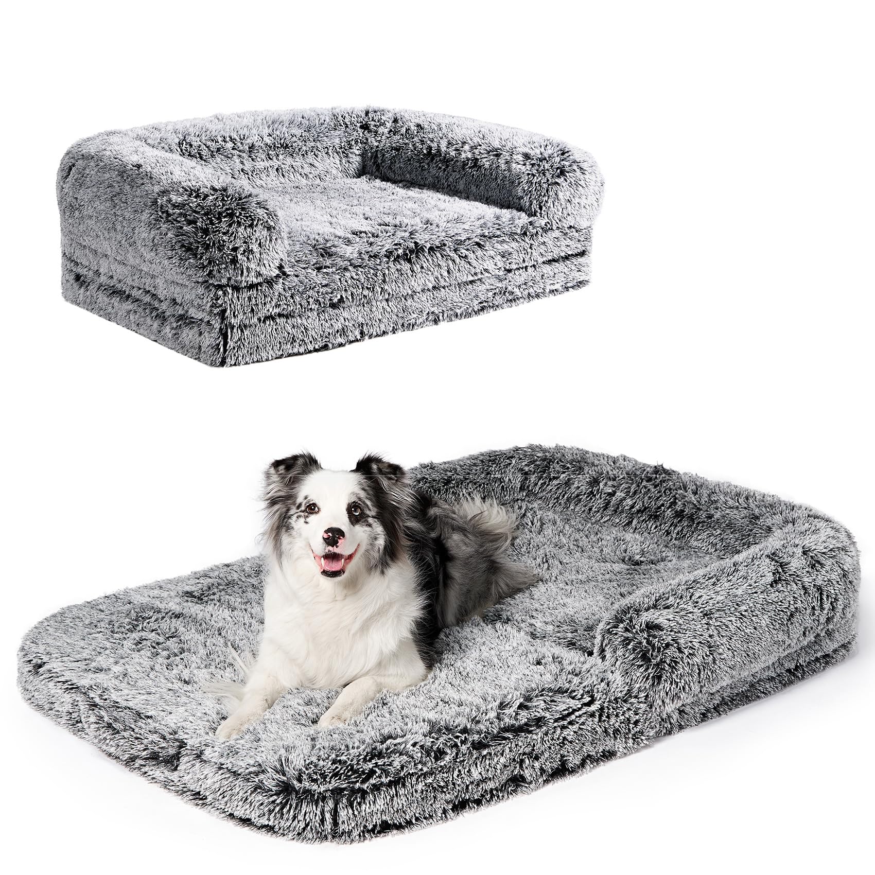 EHEYCIGA Foldable XXL Dog Bed for Large Sized Dog, 54"x38"x7.5" Faux Fur Fluffy Pet Couch Bed, Orthopedic Calming Memory Foam Big Pet Bed, Washable