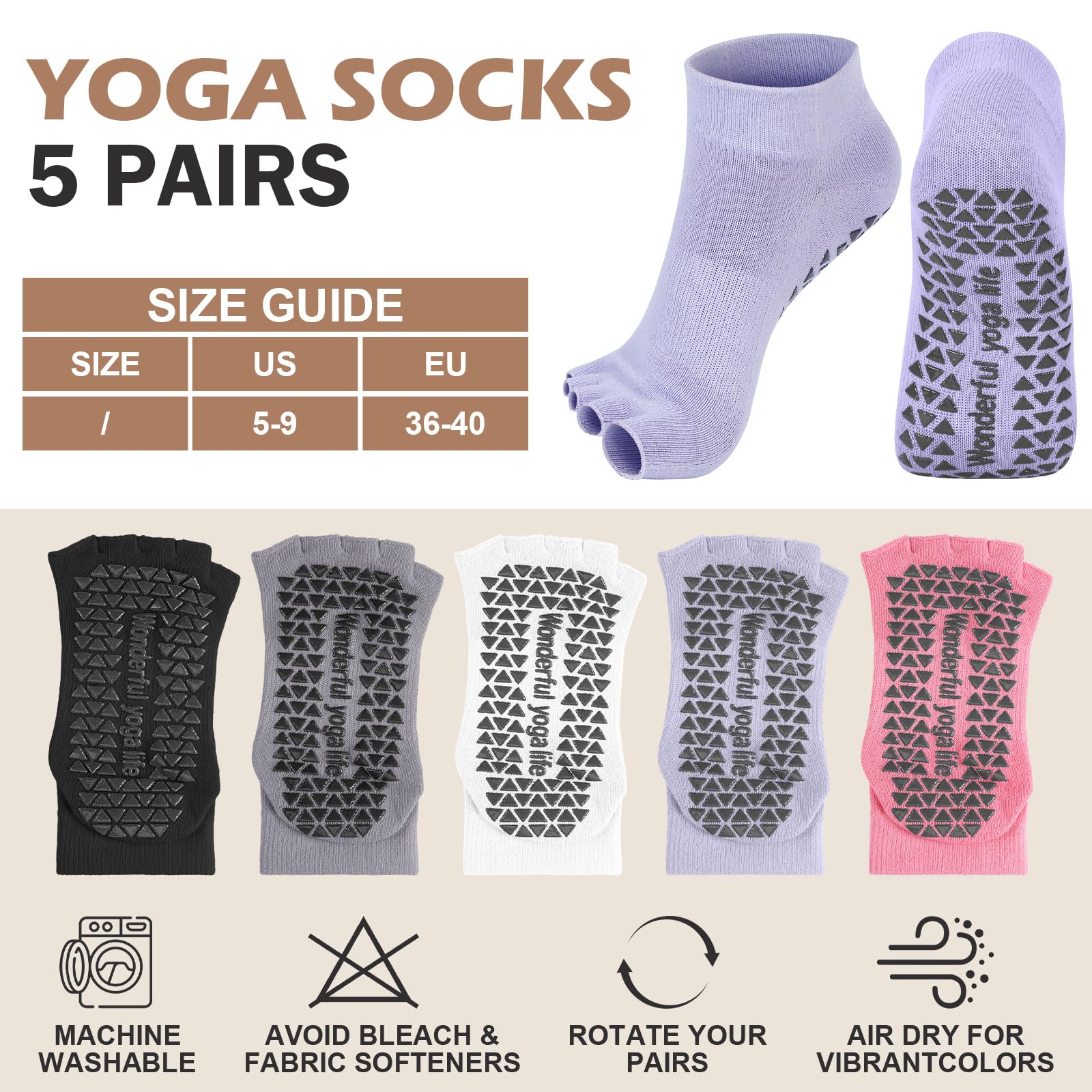 Jeyiour 5 Pairs Toeless Yoga Socks with Grips Non Slip Pilates Yoga Open Toe Pedicure Split Toe Socks for Women(White, Purple, Pink, Gray, Black)