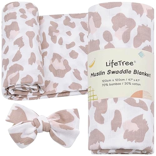 LifeTree Manta de muselina para bebé, manta de recepción para recién nacida, con lazo para la cabeza, juego de bebé, estampado de leopardo,