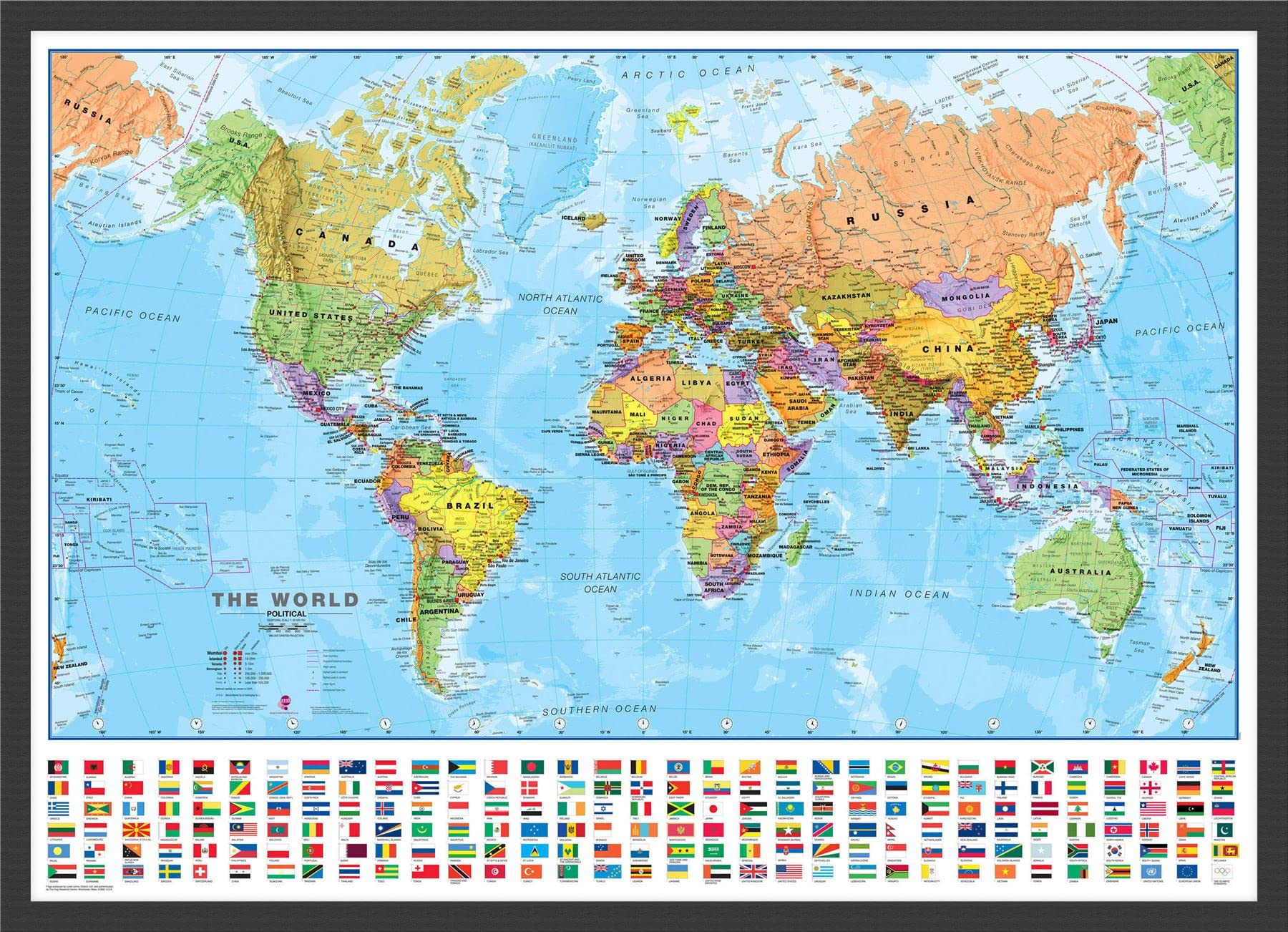 Medium World Wall Map Political with flags (Wood Frame - Black)