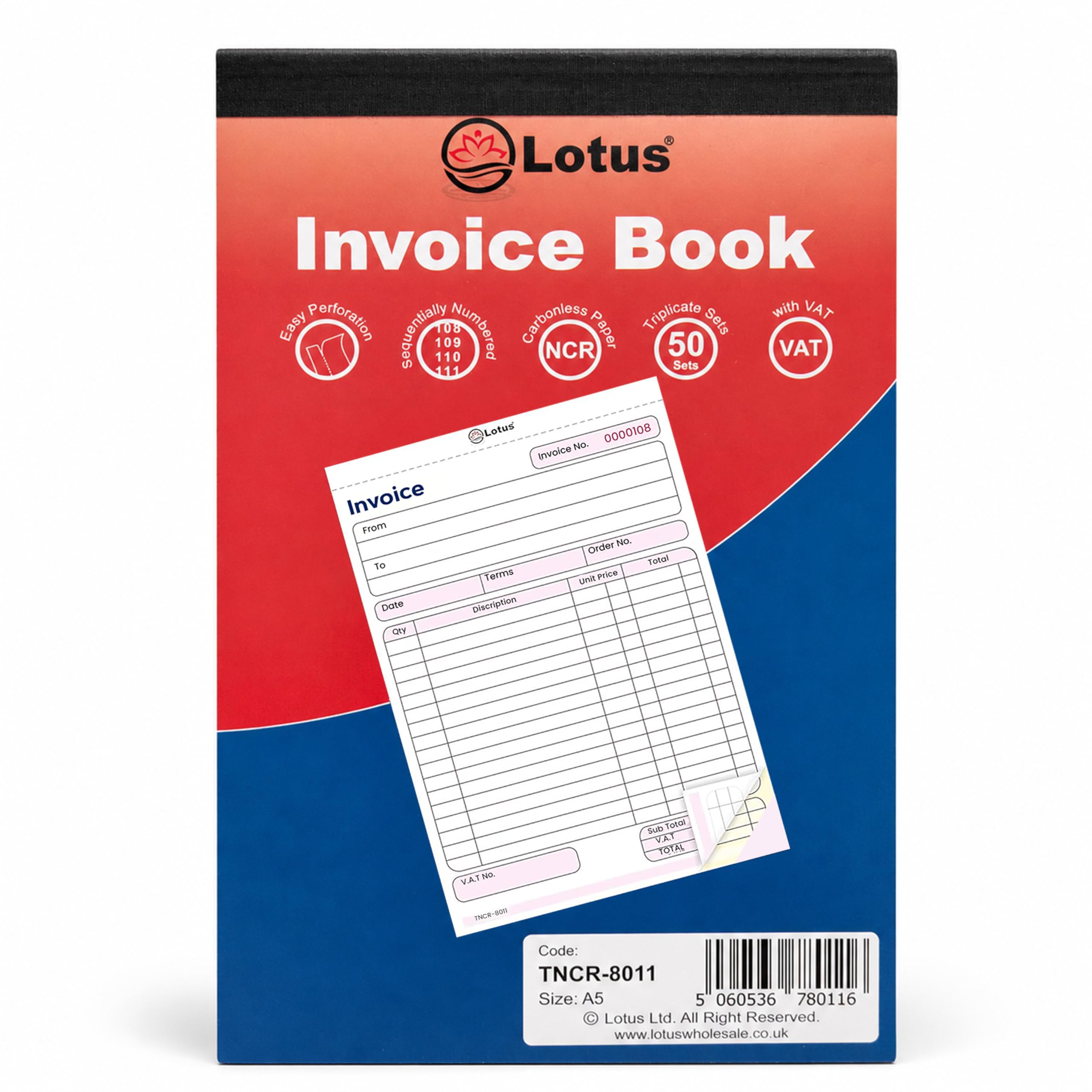 Triplicate Invoice Receipt Book A5 143x210mm, 3-Part NCR, 50 Sets, 3 Books