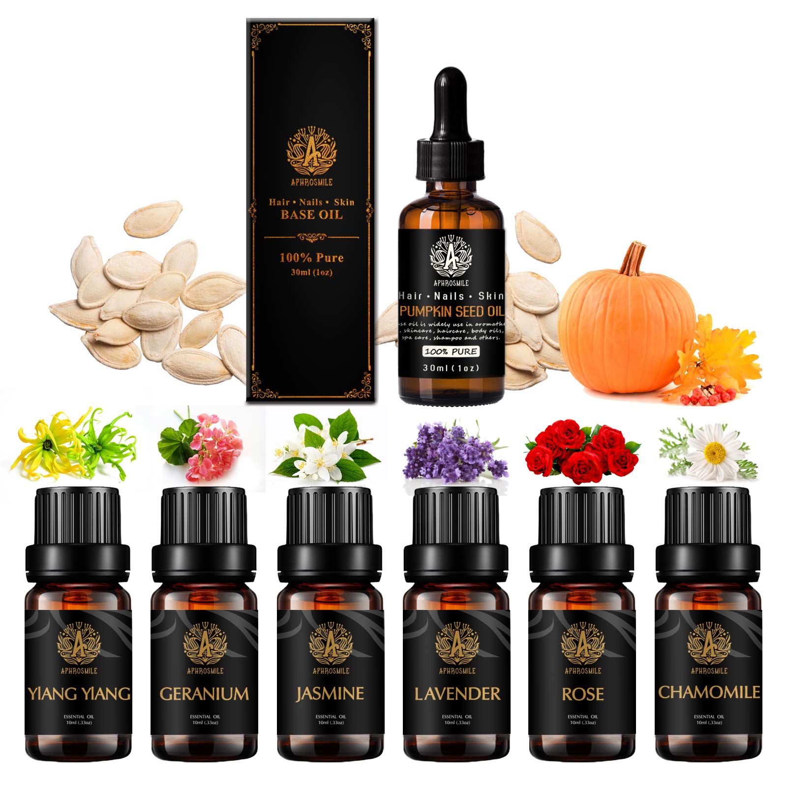 Aromaterapia jazmín aceite esencial set con aceite portador para masaje, 100% puro semilla de calabaza Aceite esencial,7x10ml 100% puros rosa aceites set-lavanda,geranio,ylang ylang,manzanilla aceites