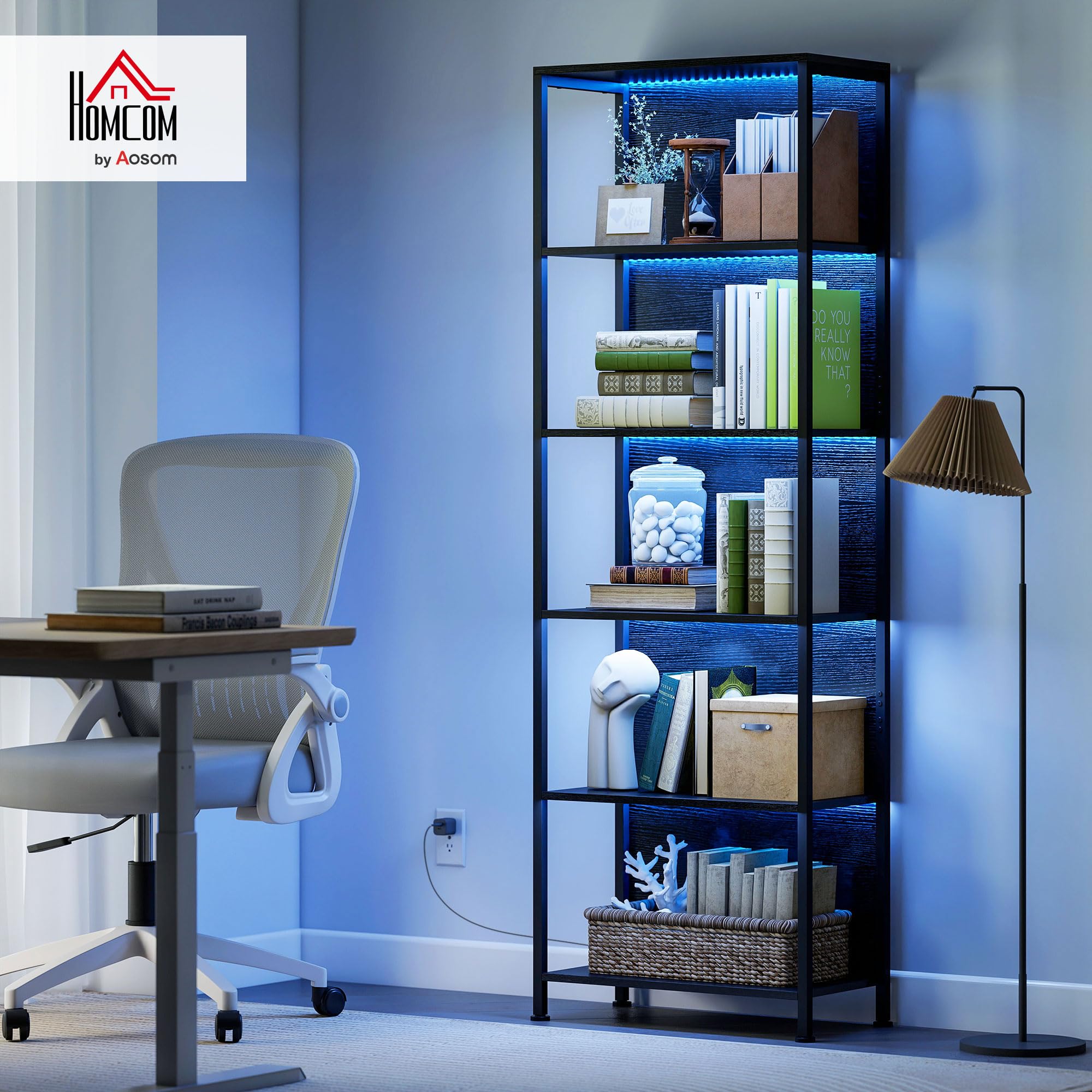 HOMCOM Bibliothèque à 5 Niveaux avec éclairage LED 7 Couleurs, étagère de Rangement, Structure en Acier, Style Industriel, Meuble de Rangement pour Salon, Bureau, Chambre, 60 x 30 x 179 cm, Noir