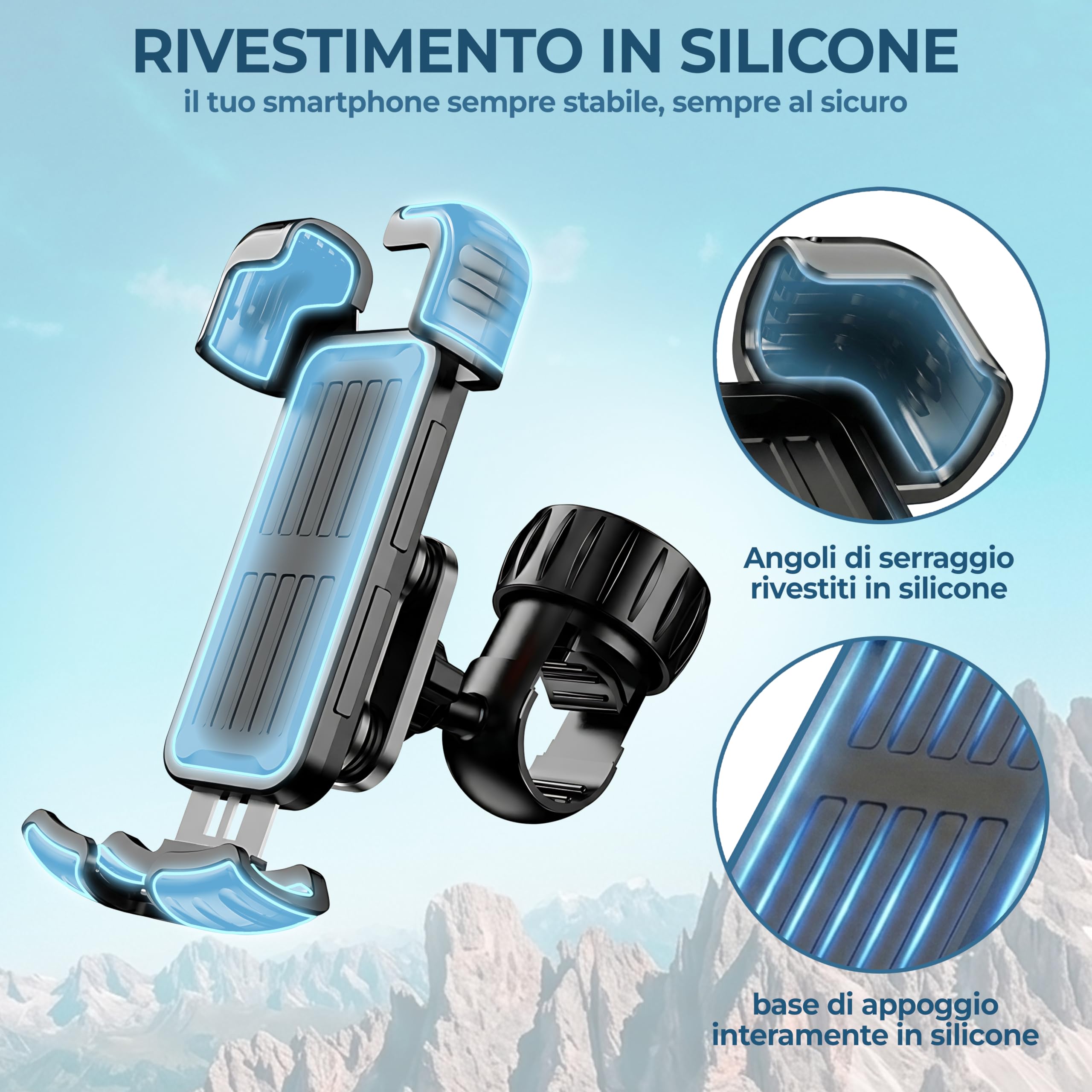 FINIX Porta Telefono Antivibrazione per Moto e Bicicletta-Mtb. Supporto Porta Cellulare Rinforzato in Alluminio, Ultra Stabile, Impermeabile e Ruotabile 360°. Universale per tutti gli Smartphone