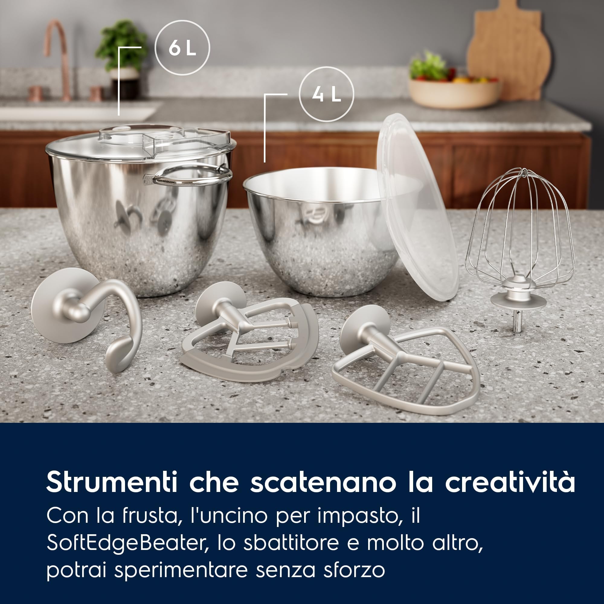 Electrolux, Impastatrice Planetaria E6KM1-4BPT, Robot da Cucina Multifunzione 1200 W, Ciotole da 6 e 4 L, LED Integrato, Coperchio PerfectRiseLid, Accessori Completi, Nero