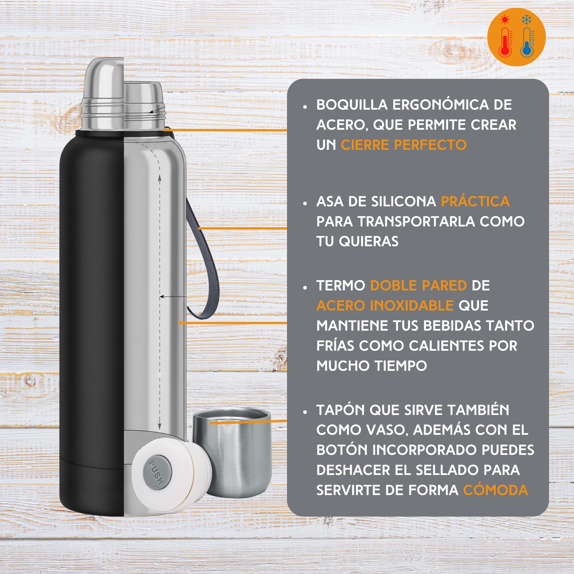 NERTHUS FIH 1594 - Kit de Mate con Vaso de Doble Pared de Acero Inoxidable de 250 ml + Dos Bombillas Pipas para Mate con cepillo limpiador + Termo Acero Inóxidable 500ML