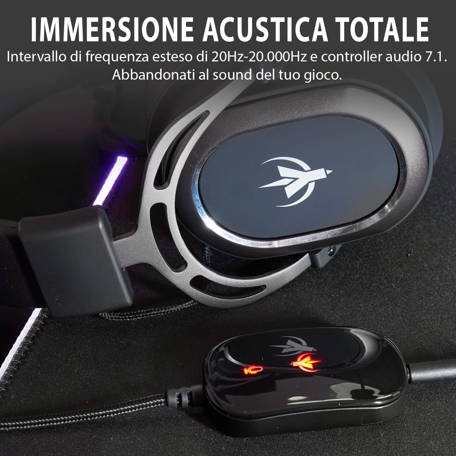 SPYCO - Cuffie Gaming Impulse HE-122, Audio 7.1 Surround, Driver 50 mm, Microfono Omnidirezionale, Compatibili con PC, Mac, Xbox One, PS4, Switch, Nero e Argento