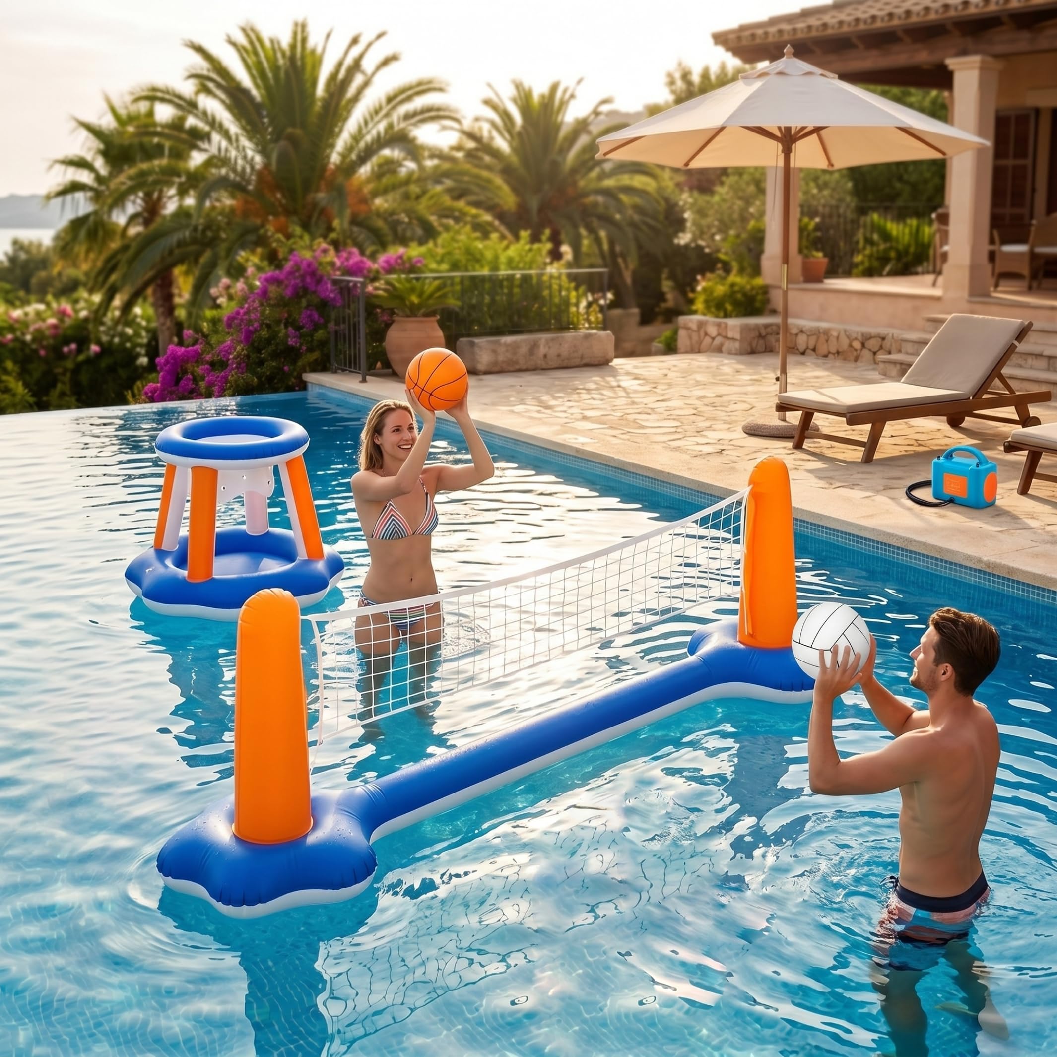 Pool-Volleyball-Netz und Pool-Basketball-Netz-Set, schwimmendes aufblasbares Wasserspiel mit 2 Bällen, Sommerspielzeug für drinnen und draußen für Erwachsene, Familie Jugendliche
