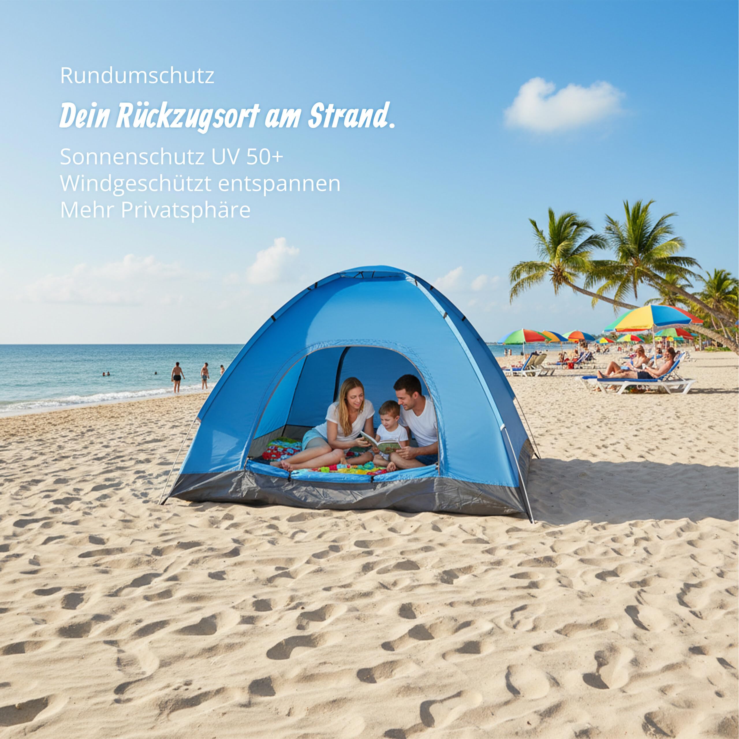 Relaxdays Pop Up Zelt Strand, Wurfzelt, 2-3 Personen, kleines Packmaß, UV Schutz 50+, HxBxT: 135 x 200 x 200cm, blau