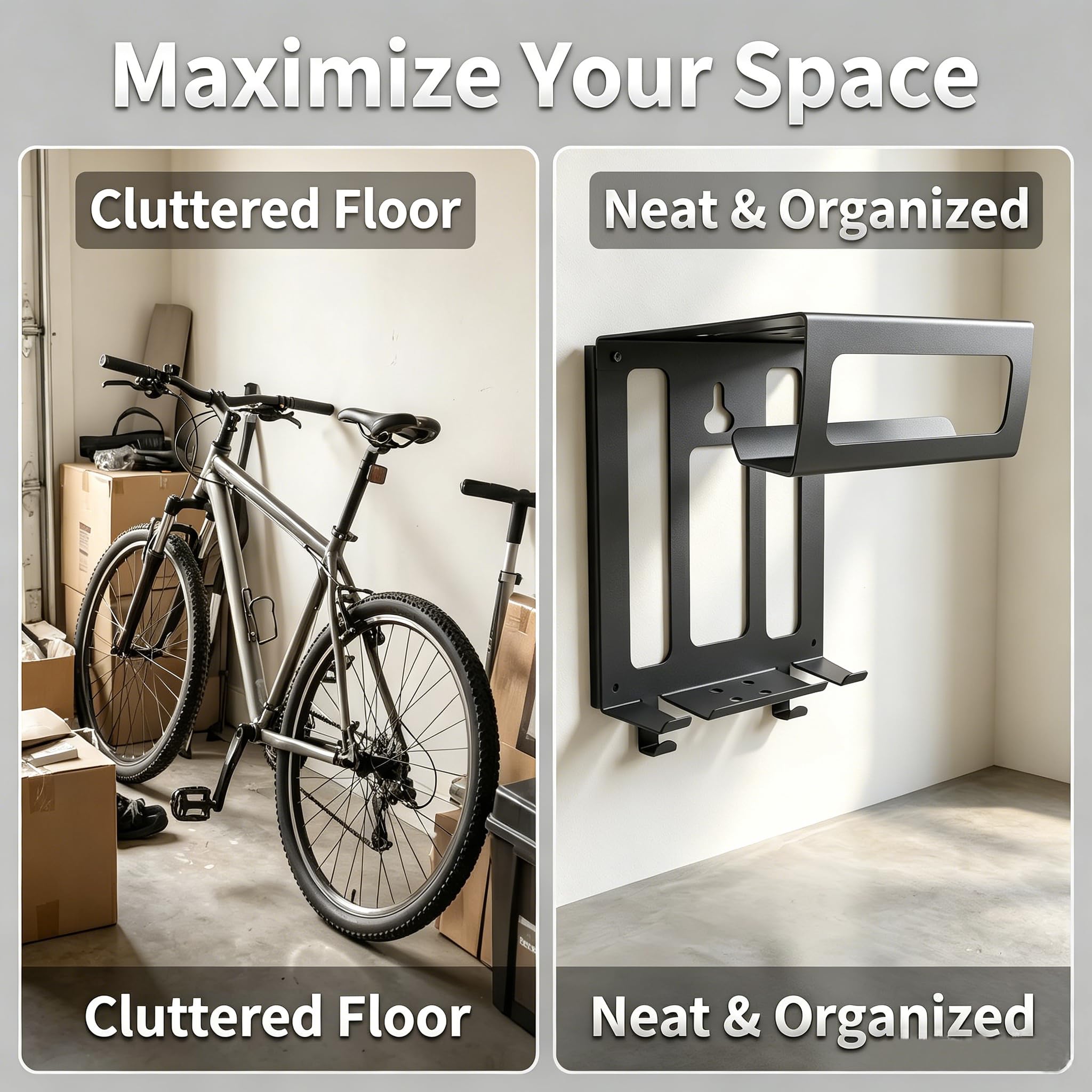 Portabici per bici da strada Supporto a parete Bike Rack Bike Hanger con ripiano per casco Scarpe e accessori Staffa da parete per garage interno