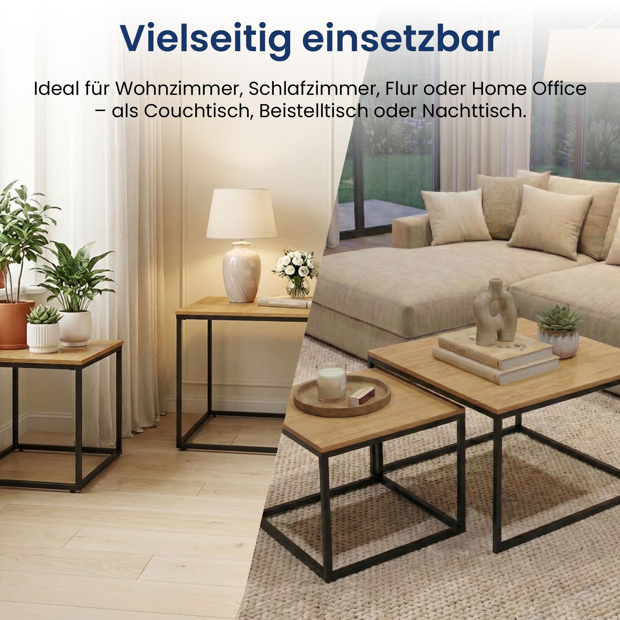 Home Collective Couchtisch 2er Set quadratisch aus Holz, Wohnzimmertisch Modern, Beistelltisch Set 2 in 1 mit Metallgestell für Wohnzimmer Büro Beistelltisch Loft Design Twin | Eiche hell