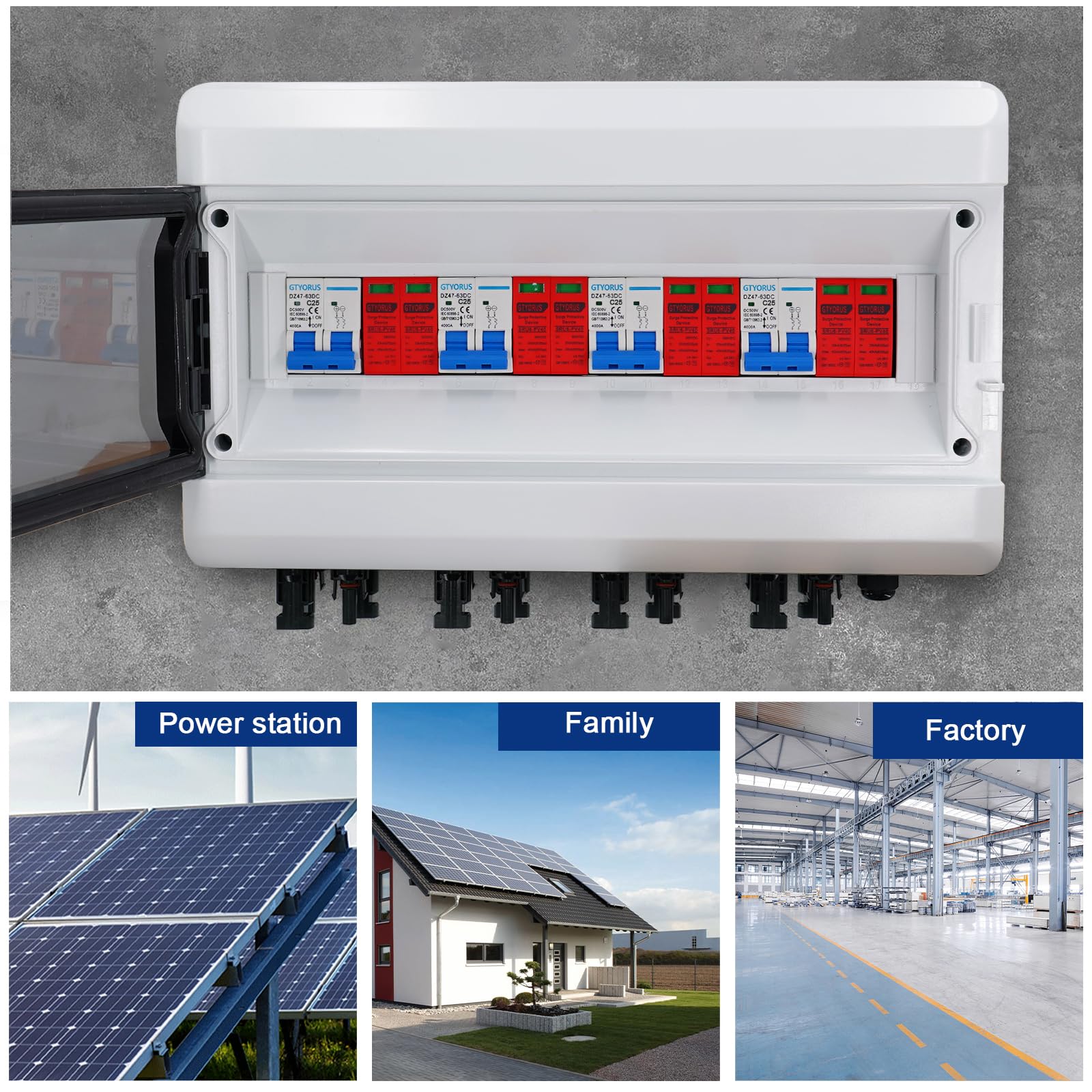 Boîte Photovoltaïque,DC überspannungsschutz PV Solar Trennschalter mit Solarstecker 4 String 500V Photovoltaik DC Leitungsschutzschalter Blitzschutz Erdung für PV Anlage(4 in 4 out,25A)