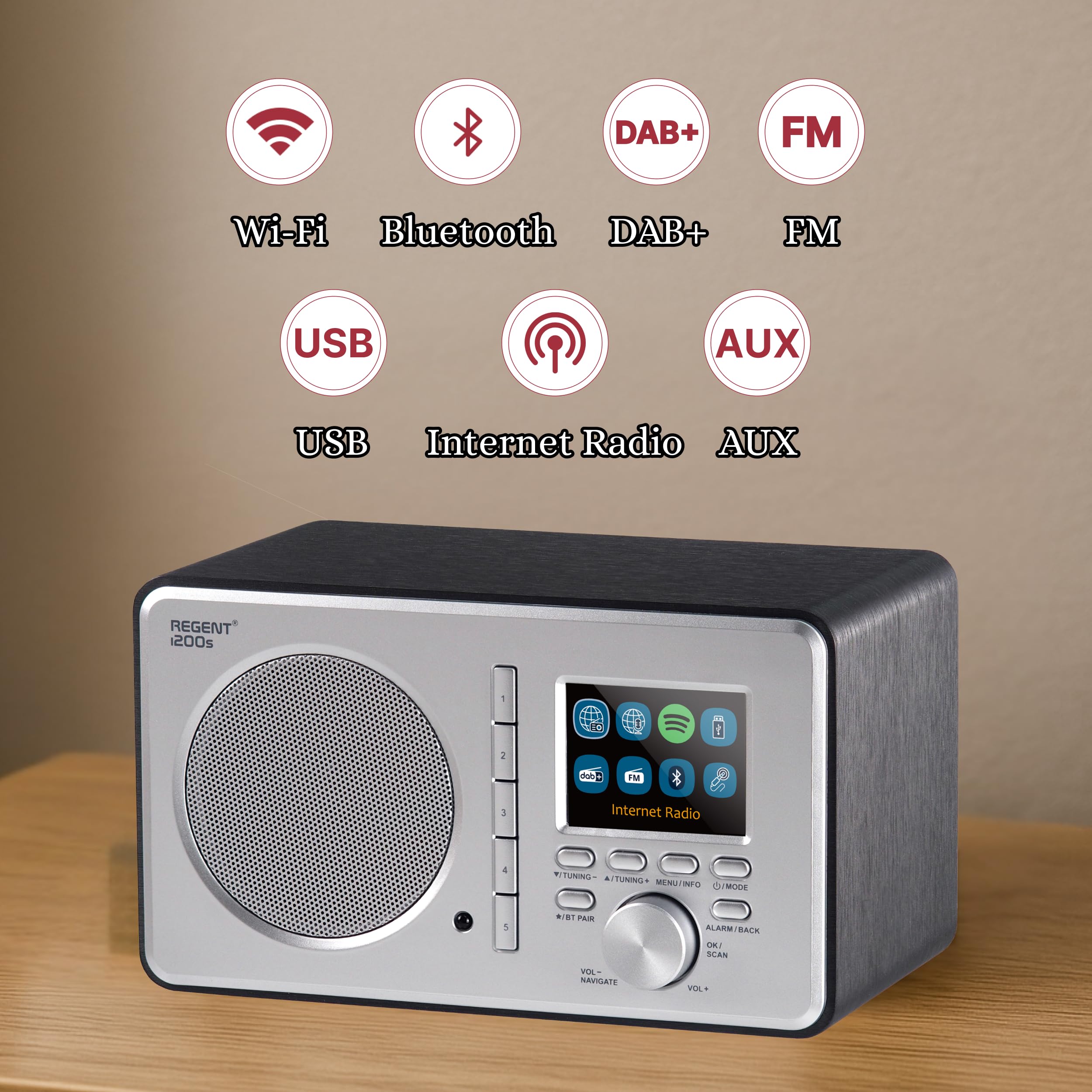 Ferguson Regent i200s Radio Internet Wi-Fi avec Bluetooth, radio FM/DAB/DAB+ FM, Spotify Connect, radio-réveil, égaliseur, écran couleur, USB, AUX-IN, mise en veille, contrôle par application