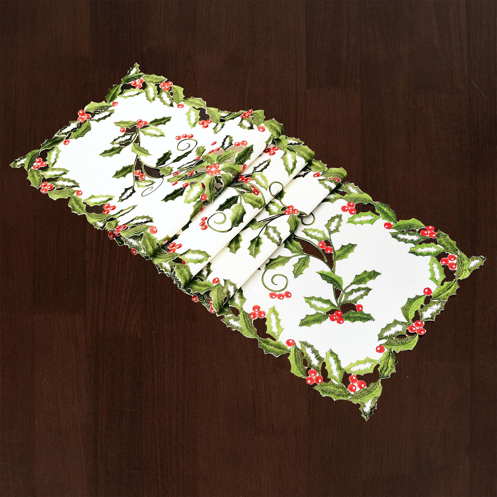 Coureur De Table Blanc Noël 14x72 - Feuilles De Houx Brodées, Neuf
