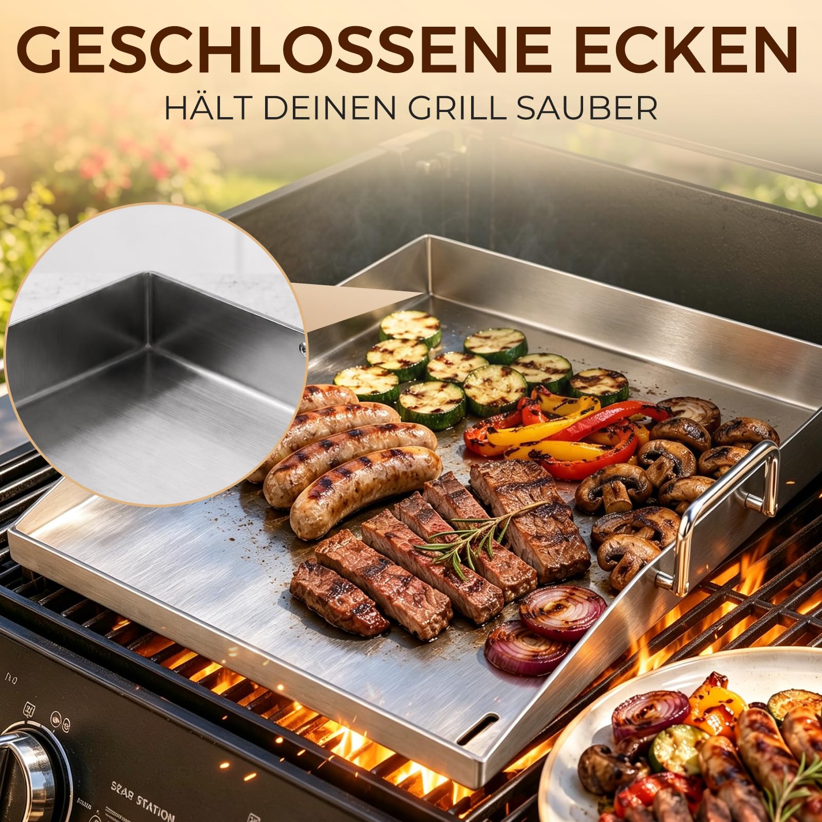 Grillplatte Plancha Geschenke für Männer Frauen, Grillplatte aus 4mm rostfreiem Edelstahl [40 x 30cm]-mit Griff, Enthalten Grillspachtel Set & Reinigungsbürste, Grill Platte für Gasgrill & Kohlegrill
