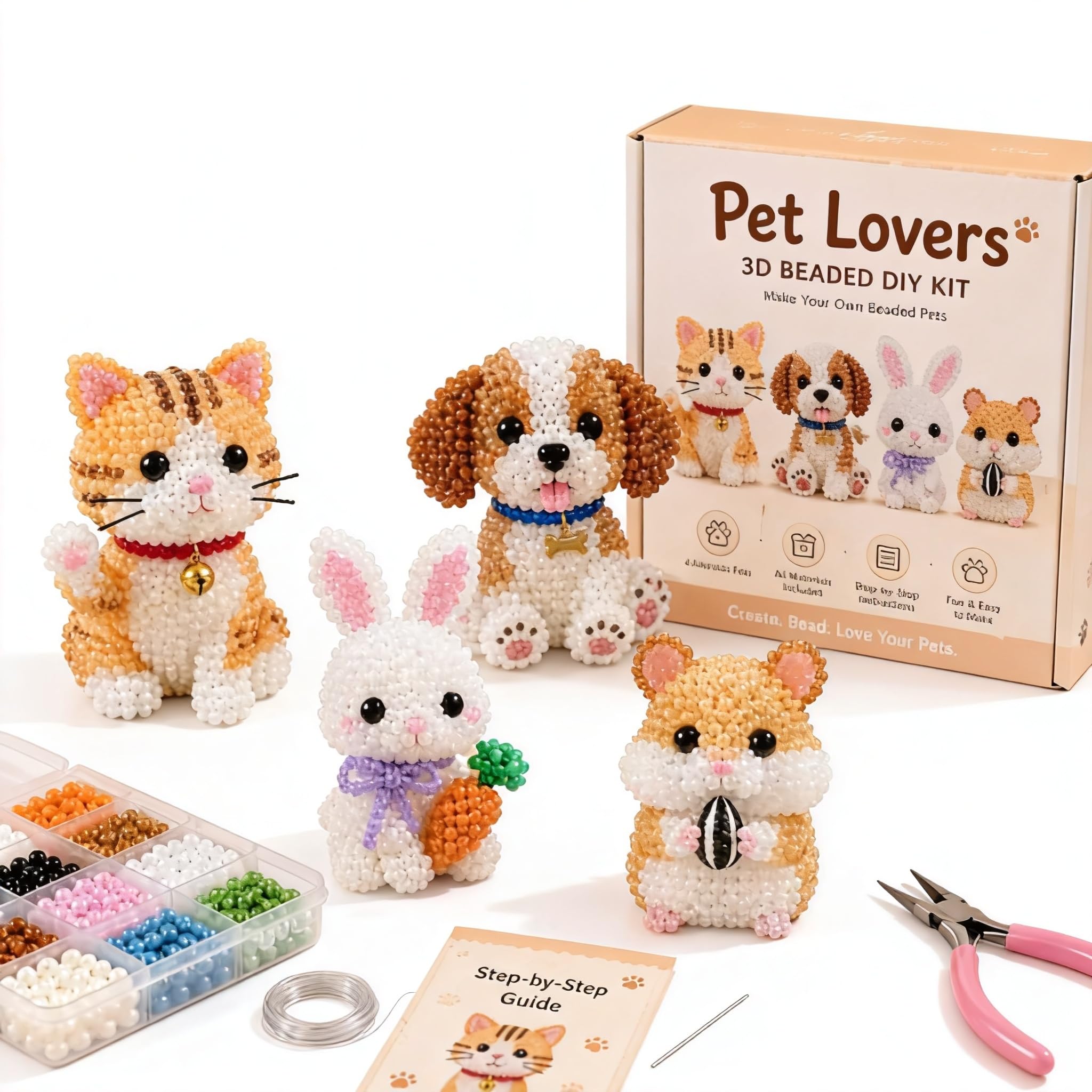 Hamosky 3D Beaded Animal DIY Kit, Handmade 3D Beadwork Art Craft Set, DIY Animals Beadwork Craft Kits,Beginner Friendly Craft Kit with Step-by-Step Instructions for Teenss (Family Pet)