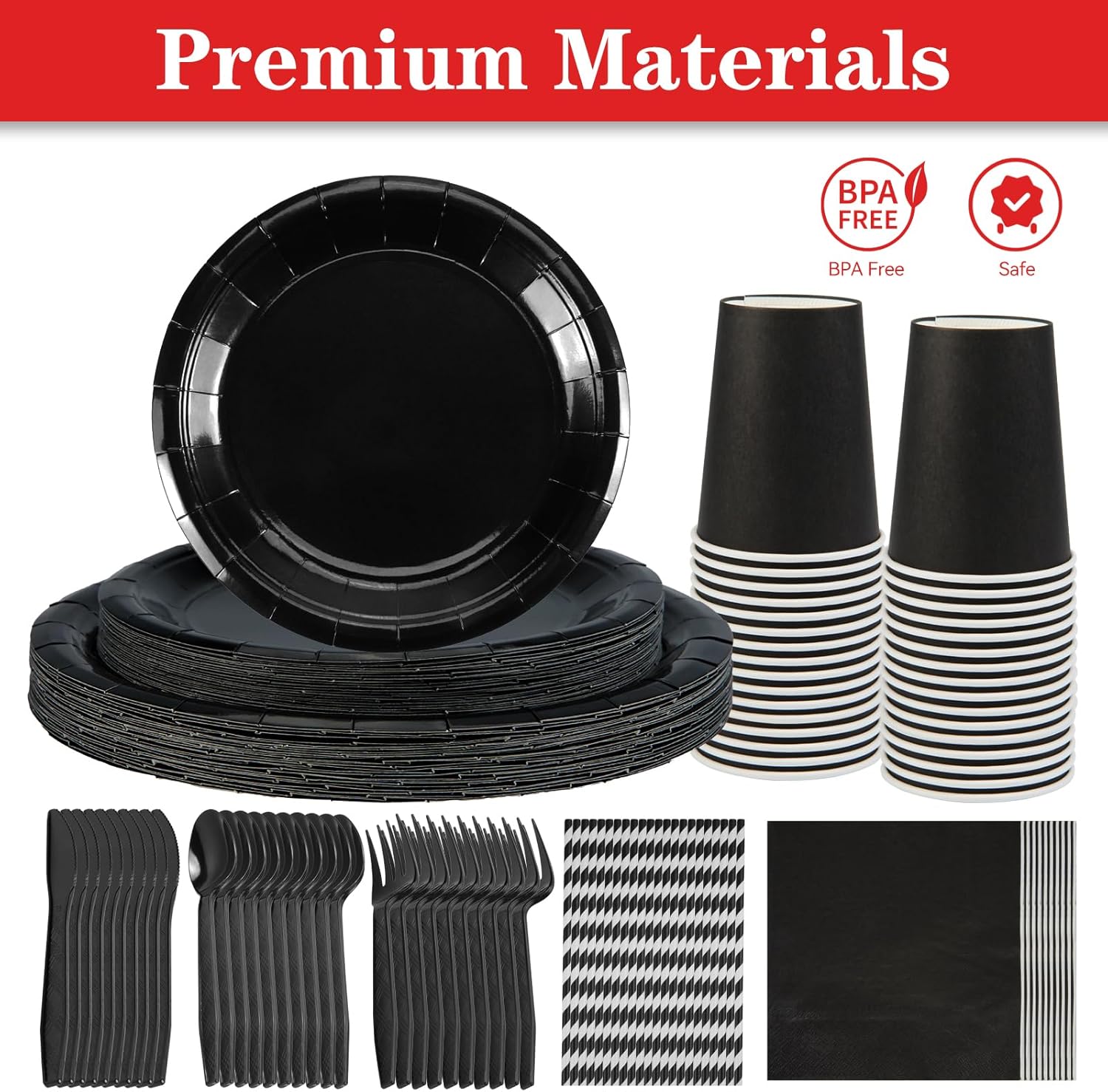 192 Pcs Paper Disposable Dinnerware Set for 24 Guests Tableware Set for Party Includes 24 Dinner Plates 9" 24 Dessert Plates 7" 24 Cups 24 Napkins 24 Straws 24 Plastic Forks 24 Spoons 24 Knives Black