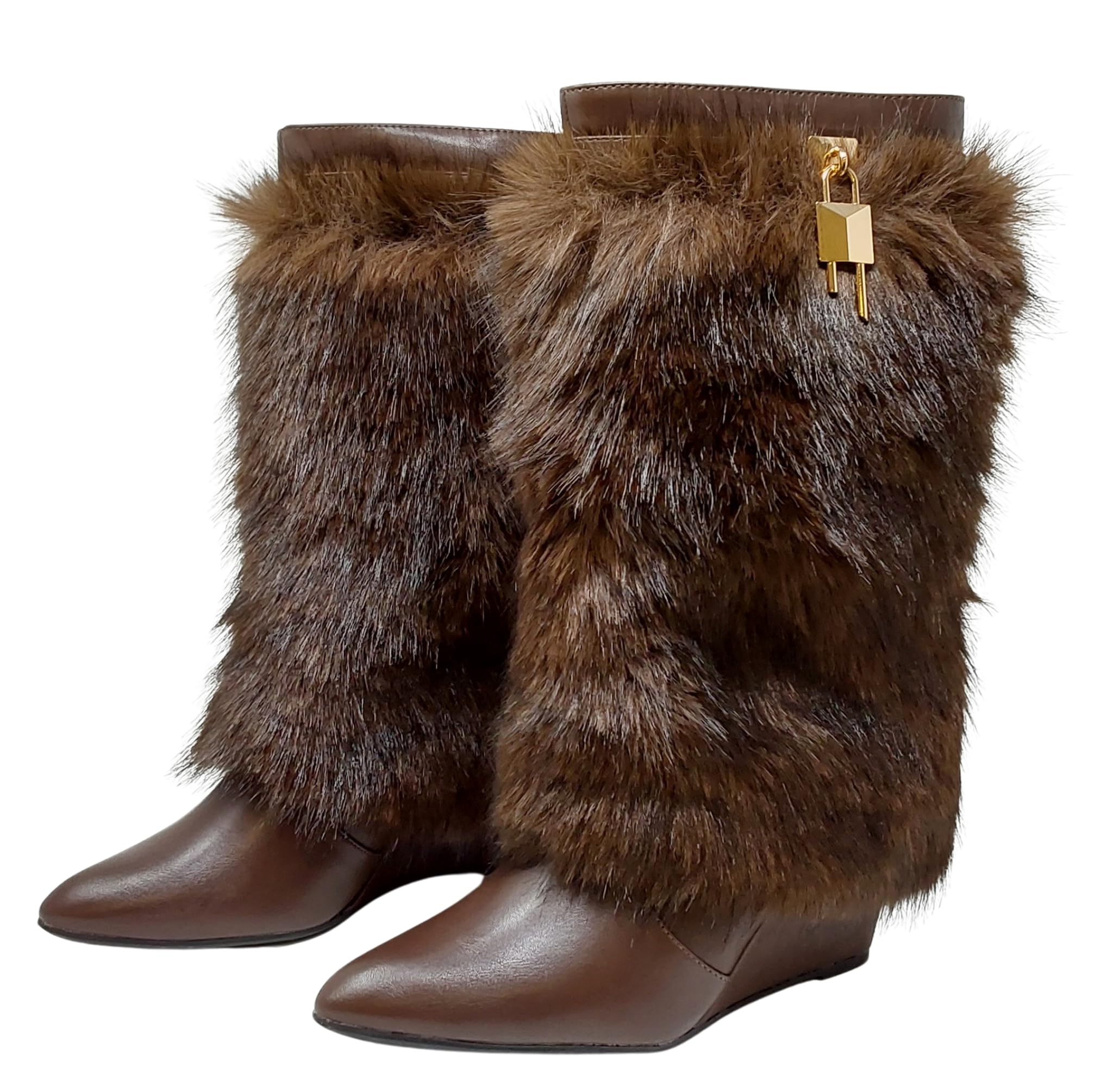 Wild Diva Luxury Mid Calf Faux Fur God Lock Detail Fashion Boots