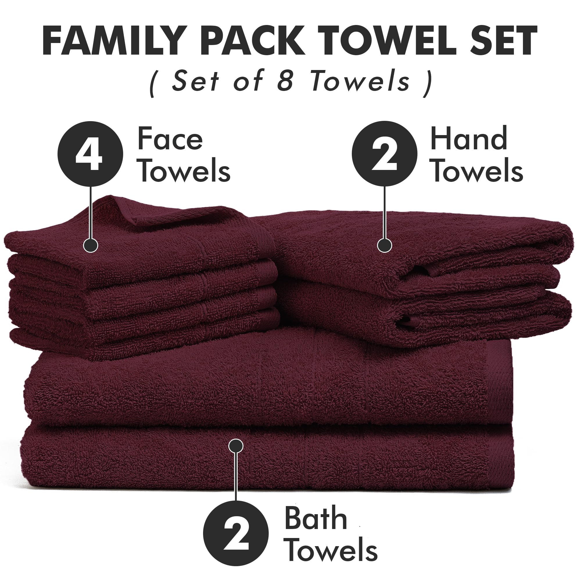 Ensemble de serviettes de bain de 8 pièces – 100 % coton Ensemble de serviettes bordeaux comprenant 2 serviettes de bain, 2 serviettes de main, 4 serviettes pour le visage – Serviettes