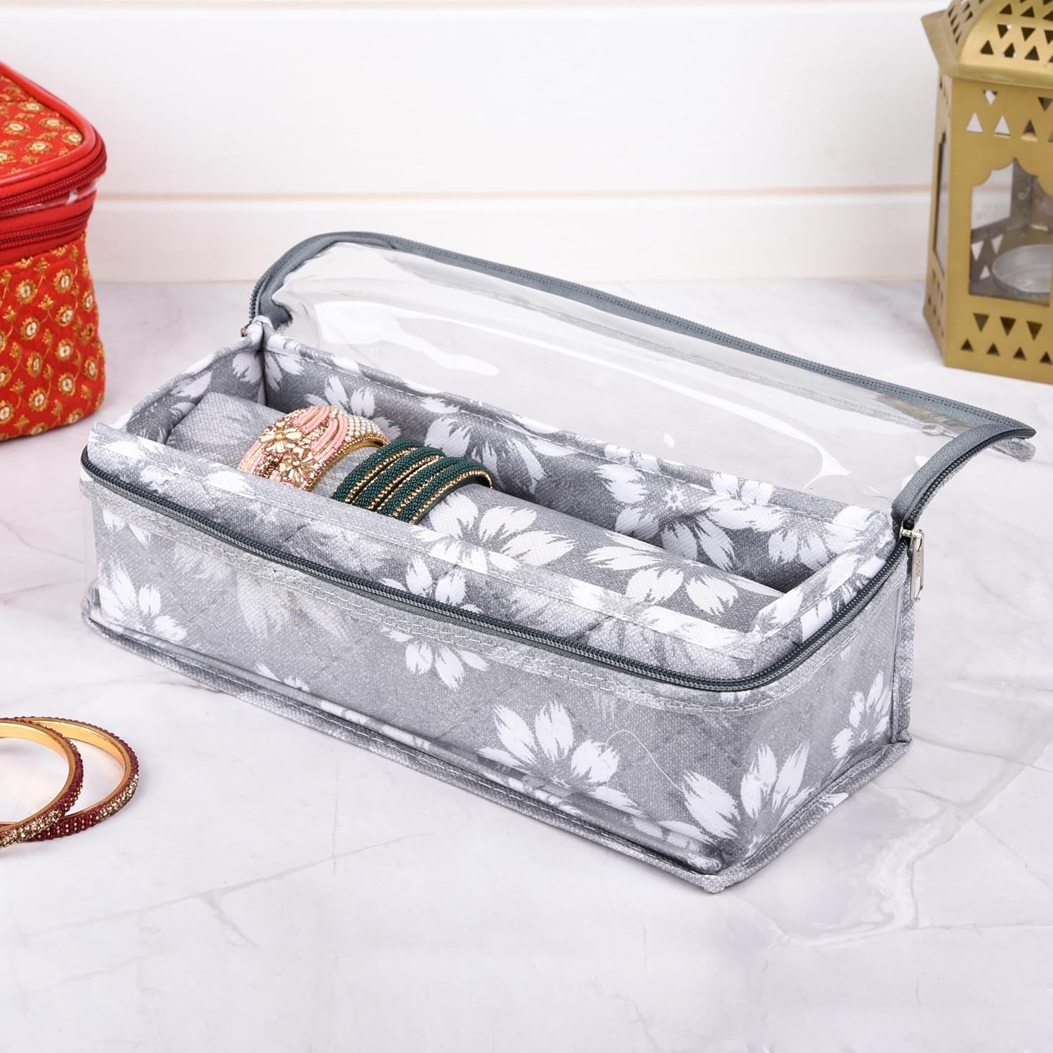 Kuber Industries Bangle Box | Single Rod Chudi Organizer with Visible Window | Travelling Bracelets Organizer | Waterproof Watch Organizer for Woman | Flower Quilted | Golden