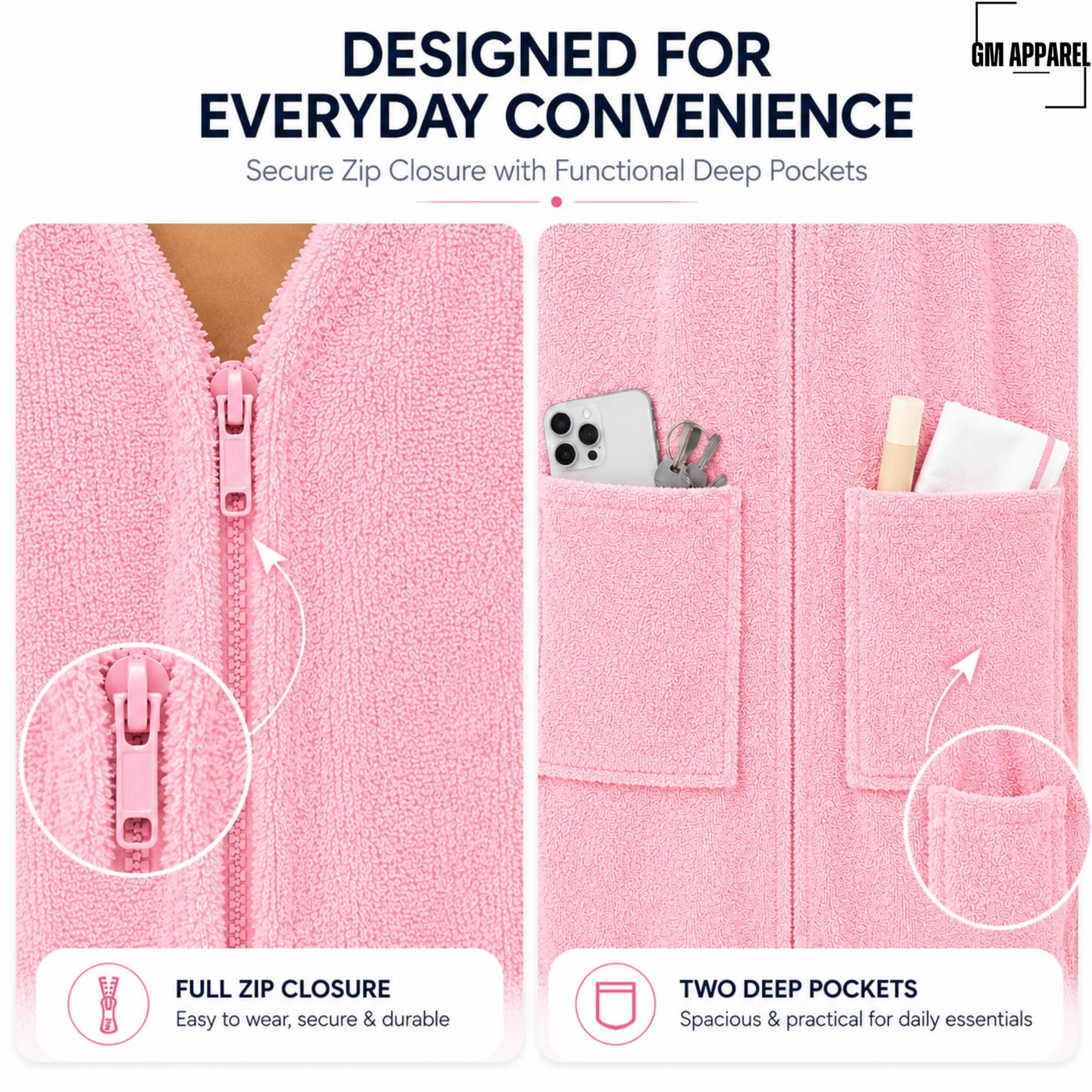 GM Apparel Albornoz con cremallera para mujer, 100 % algodón, toalla de rizo altamente absorbente