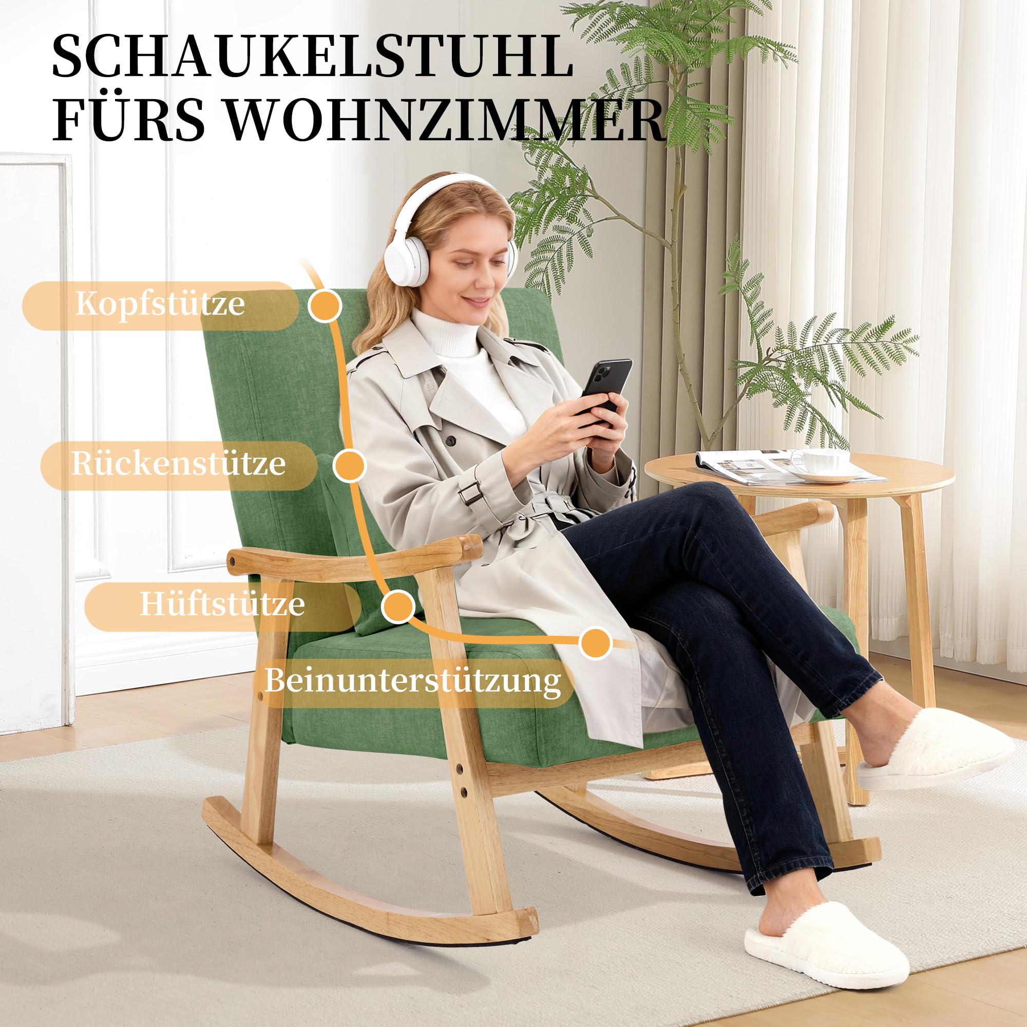 Mid-Century Modern Schaukelstuhl, Schaukelsessel mit Lendenkissen, Gepolsterter Stillsessel mit Holzarmlehnen & Holzbeinen, Bequemer Sessel für Wohnzimmer, Schlafzimmer & Babyzimmer, Grün