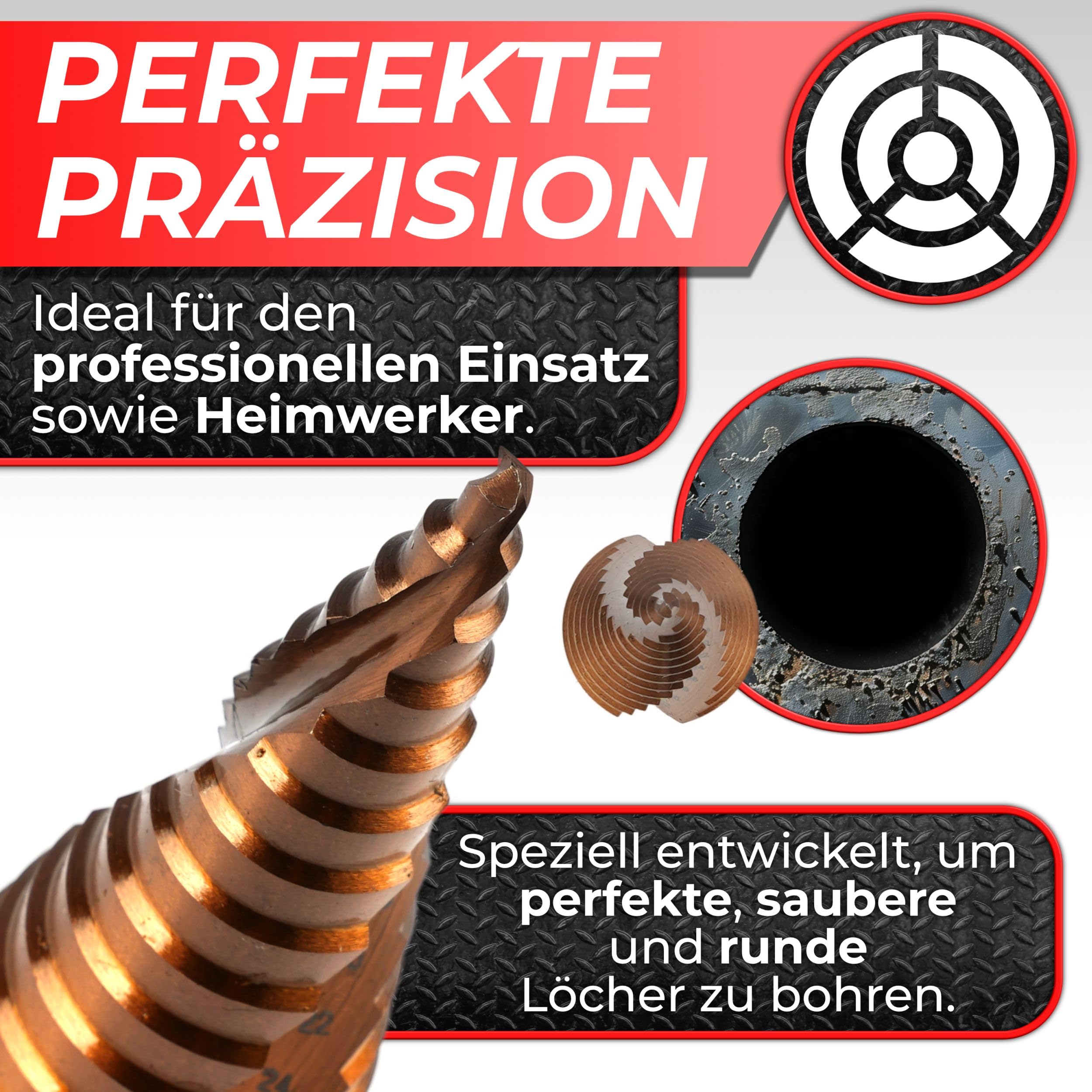 Woltersberger® Set di 3 punte a gradini HSS Powerline Spiral, punte coniche Ø 4 – 32 mm, 4 – 20 mm, 4 – 12 mm, per fori puliti, per pelapatate in metallo, alluminio e acciaio inox