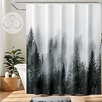 Vista 17 de ORTIGIA Cortina de ducha de 78 pulgadas de bosque neblinoso verde oscuro para baño, juego de cortina de ducha de naturaleza y bosque con ganchos