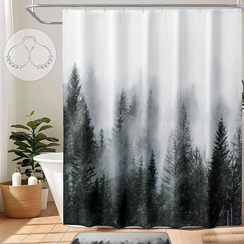 Miniatura 17 de ORTIGIA Cortina de ducha de 78 pulgadas de bosque neblinoso verde oscuro para baño, juego de cortina de ducha de naturaleza y bosque con ganchos