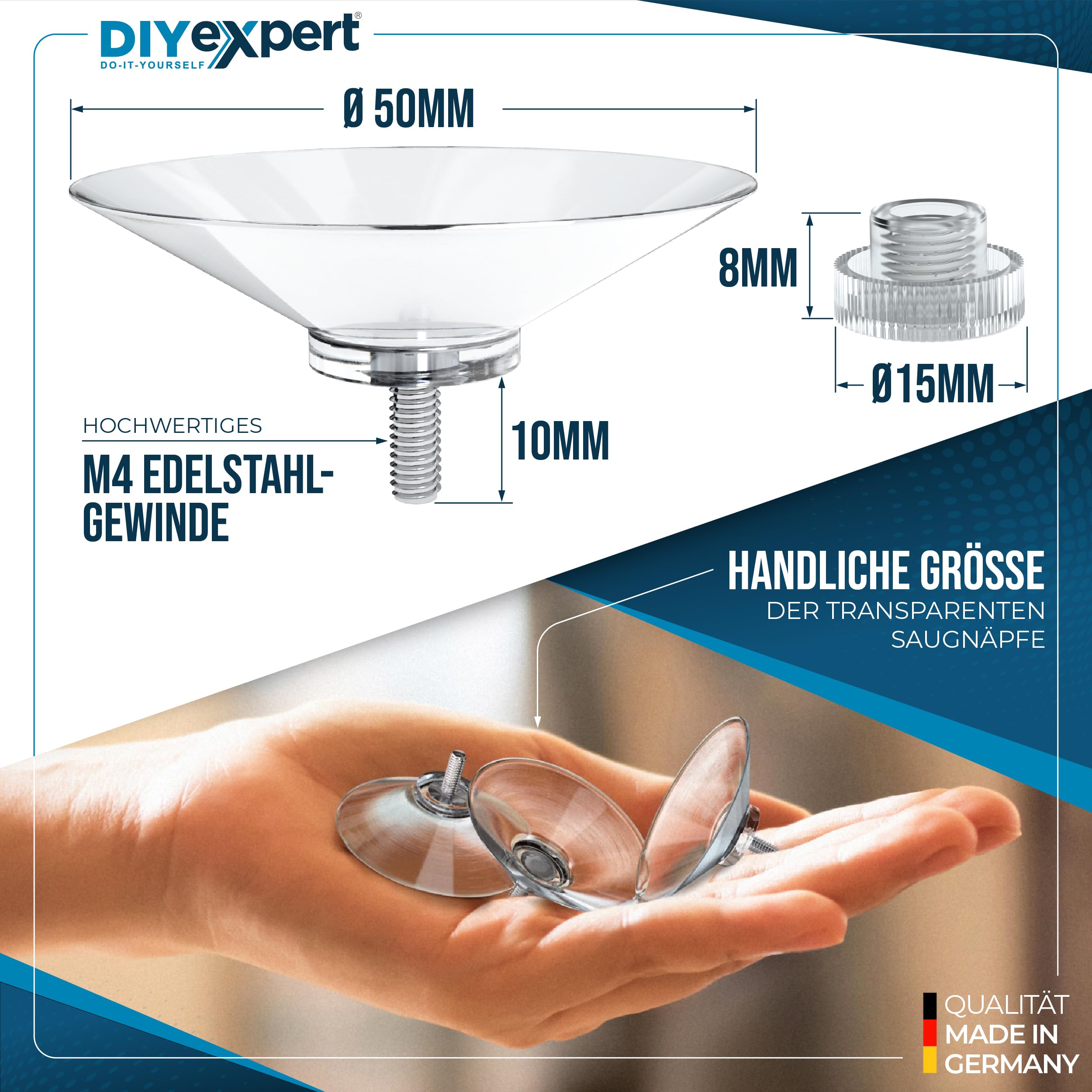 DIYexpert® 4 x przyssawka Ø 50 mm, z gwintem M4 x 10 mm, w zestawie nakrętki radełkowane przezroczyste - wyprodukowano w Niemczech