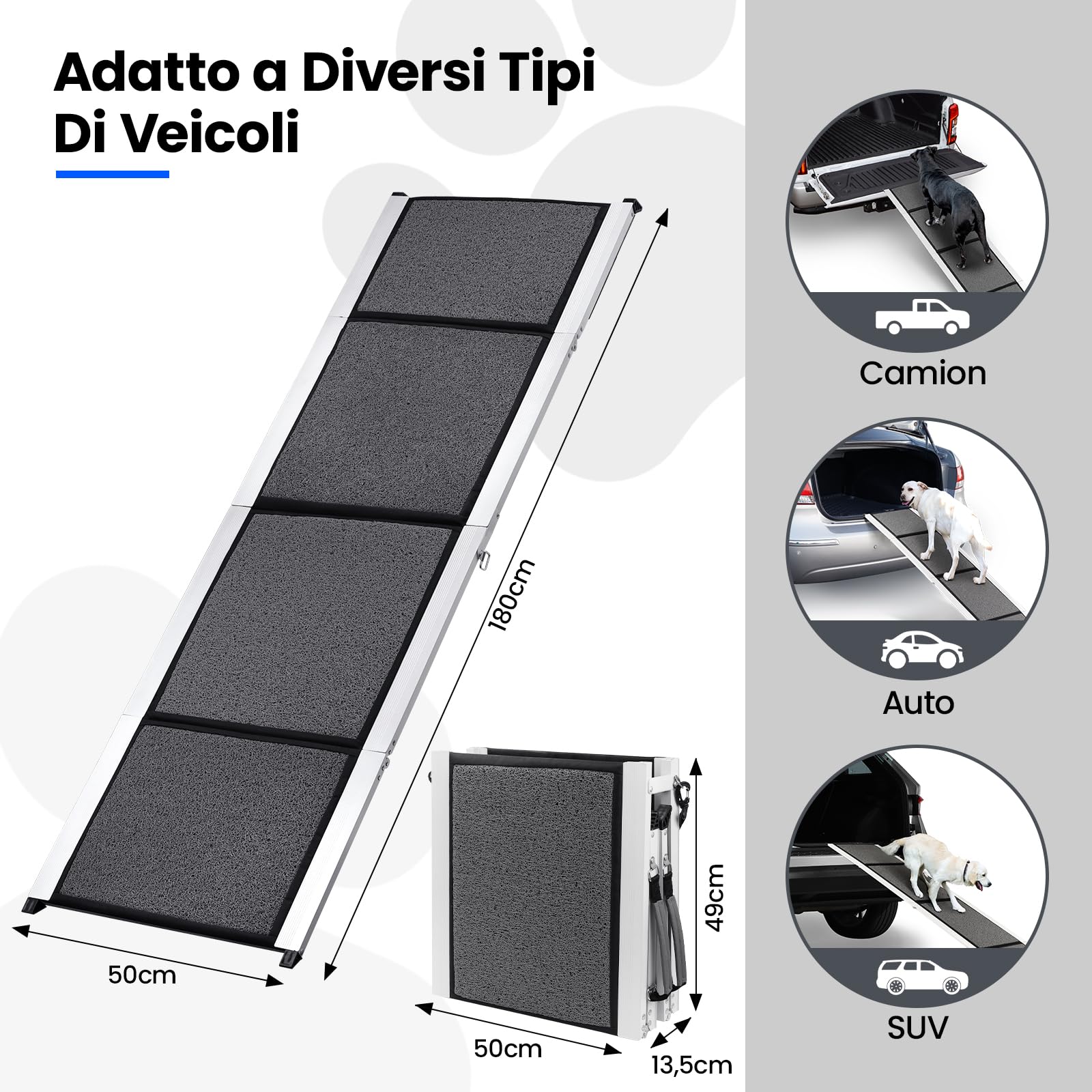 Rampa Auto per Cani Pieghevole 170 x 44cm, Scala Portatile Cani Macchina con Superficie Morbida Antiscivolosa, Telaio in Alluminio, Dog Stair Ramp Pedana per Cane Piccola Media Grande