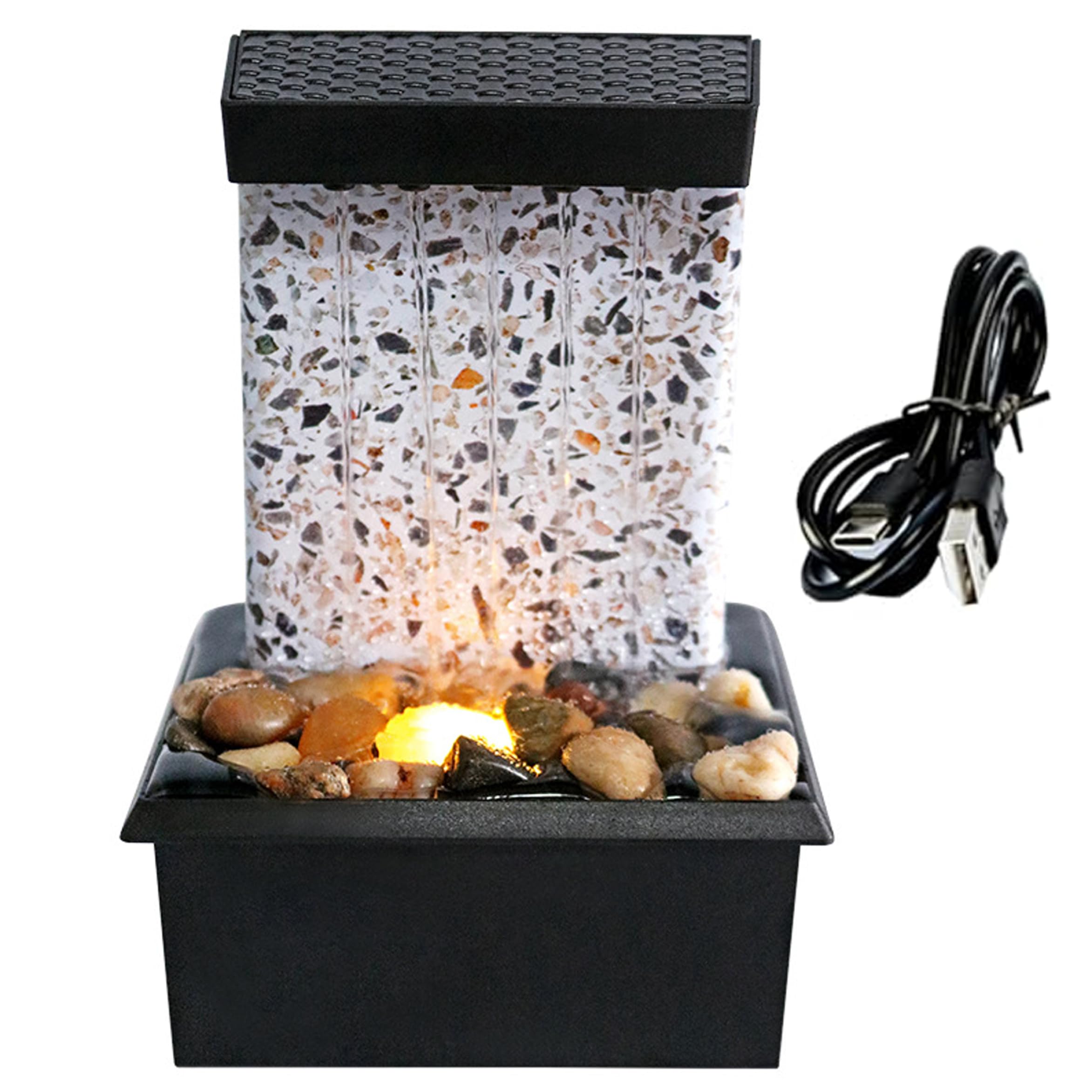 Desk Waterfall: Tabletop Water Fountain with Quiet Pump & Warm LED Light, USB Powered Indoor Water Fountains for Home Office, Black
