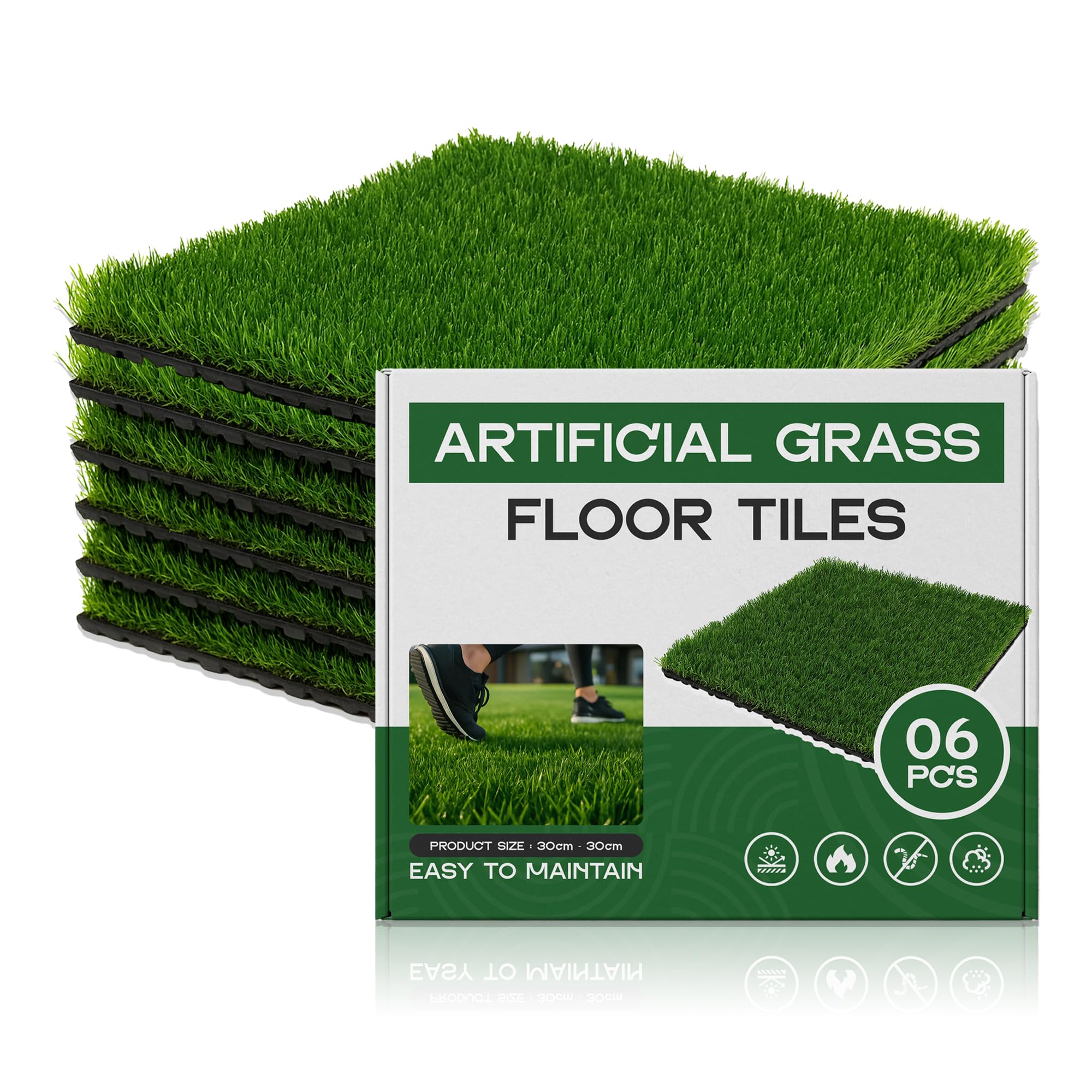 6 Pack Artificial Grass Interlocking Deck Tiles, 30 x 30 cm Click-Lock Lawn Flooring for Balcony, Patio, Garden & Terrace, Realistic Green Turf Panels, Easy DIY Installation