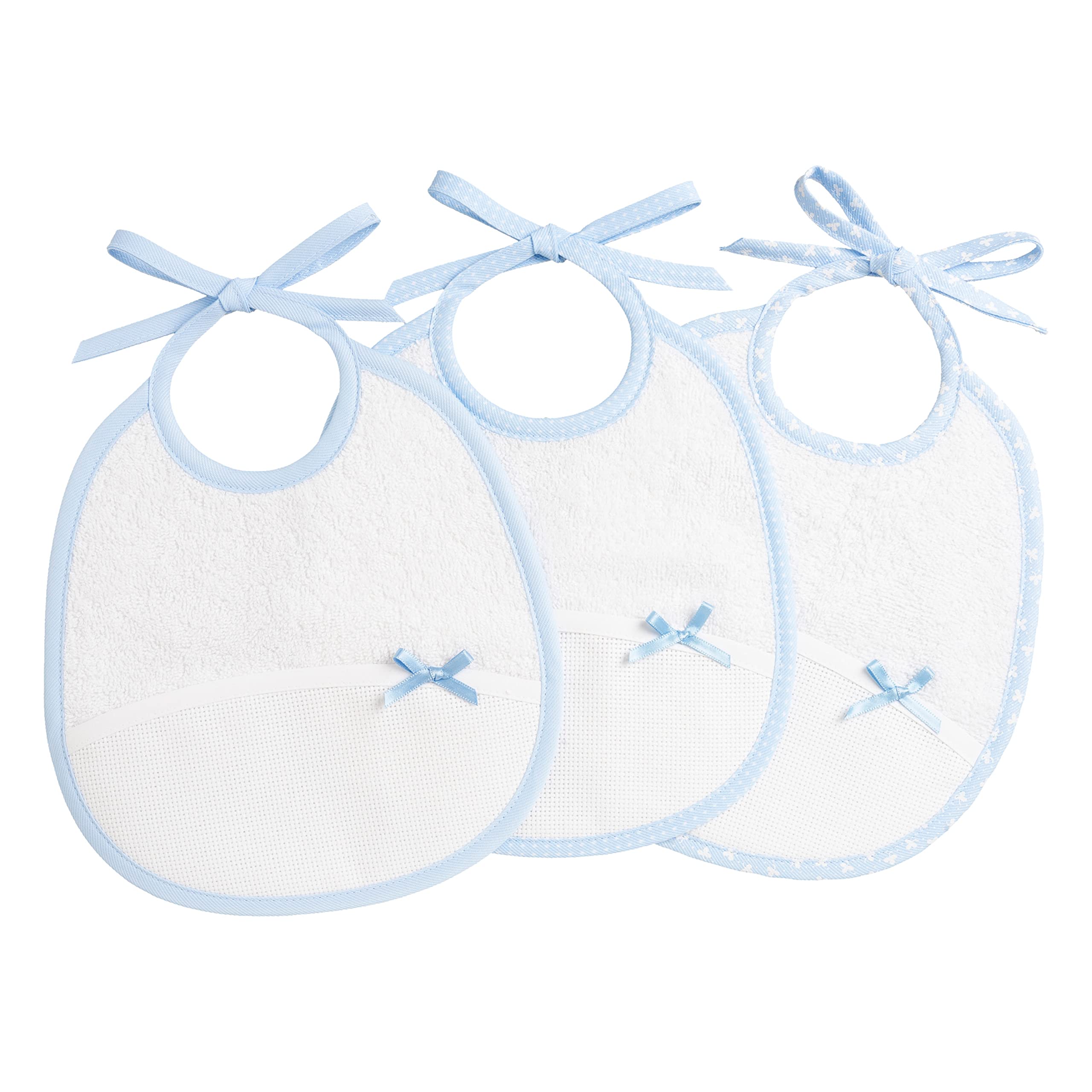 FILET - Set of 3 Oval Baby Bibs in White Cotton Towelling with Aida Pocket to Embroider, Protects Baby Clothes Against Chow, Spit-up and Salivation, 100% Made in Italy, White and Sky Colour