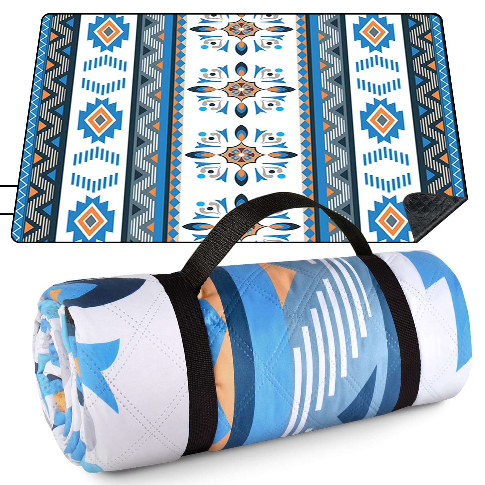 AUAUY Waterproof Picnic Blanket, 200x200CM Foldable (Bohemian Blue)