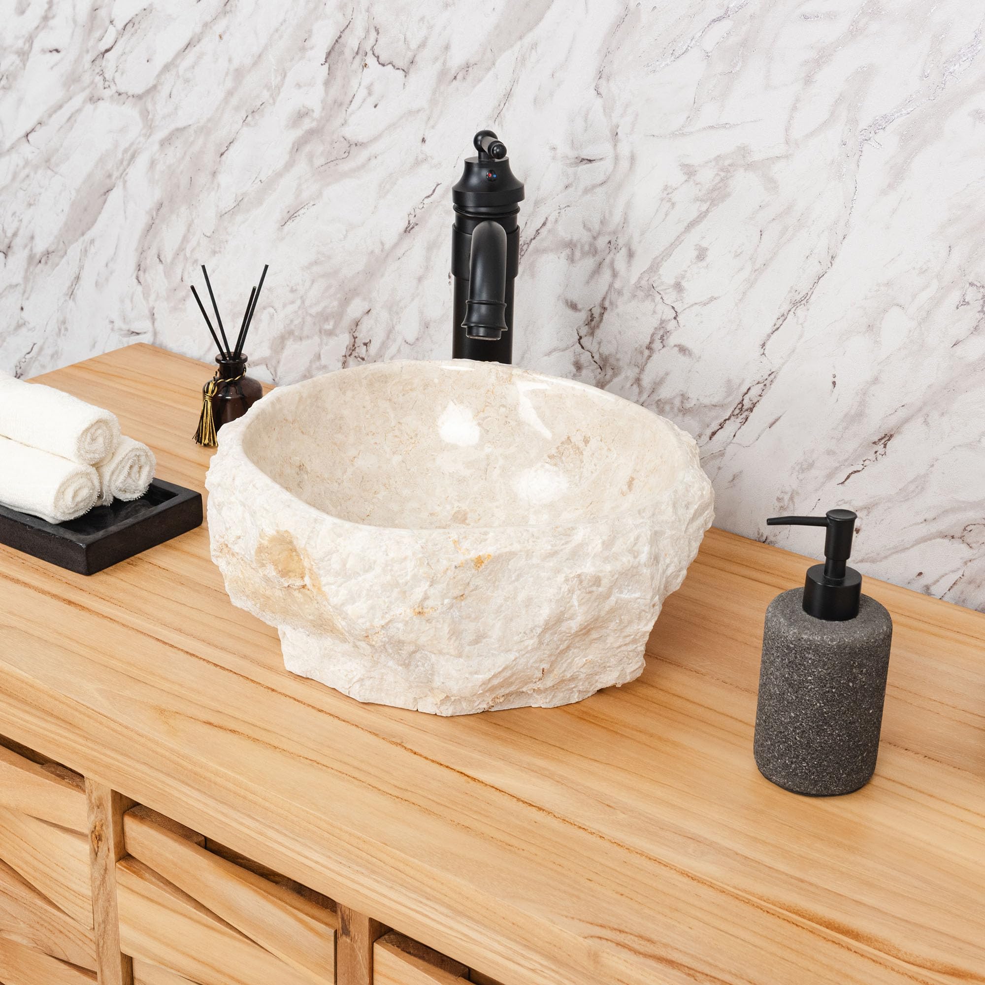Lavabo de mármol Erosi piedra natural lavabo con borde natural, 30 cm, color crema