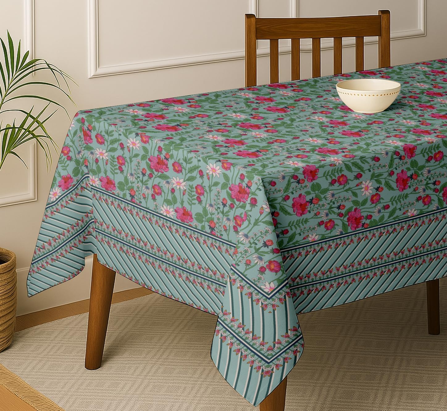Floral Design Tablecloth- Green 60x60 Inch Cotton Twill Dining Table Cover, Perfect for 4 Seater Tables, Durable, Protective & Washable, Ideal for Everyday Use, Festive Occasions & Gathering