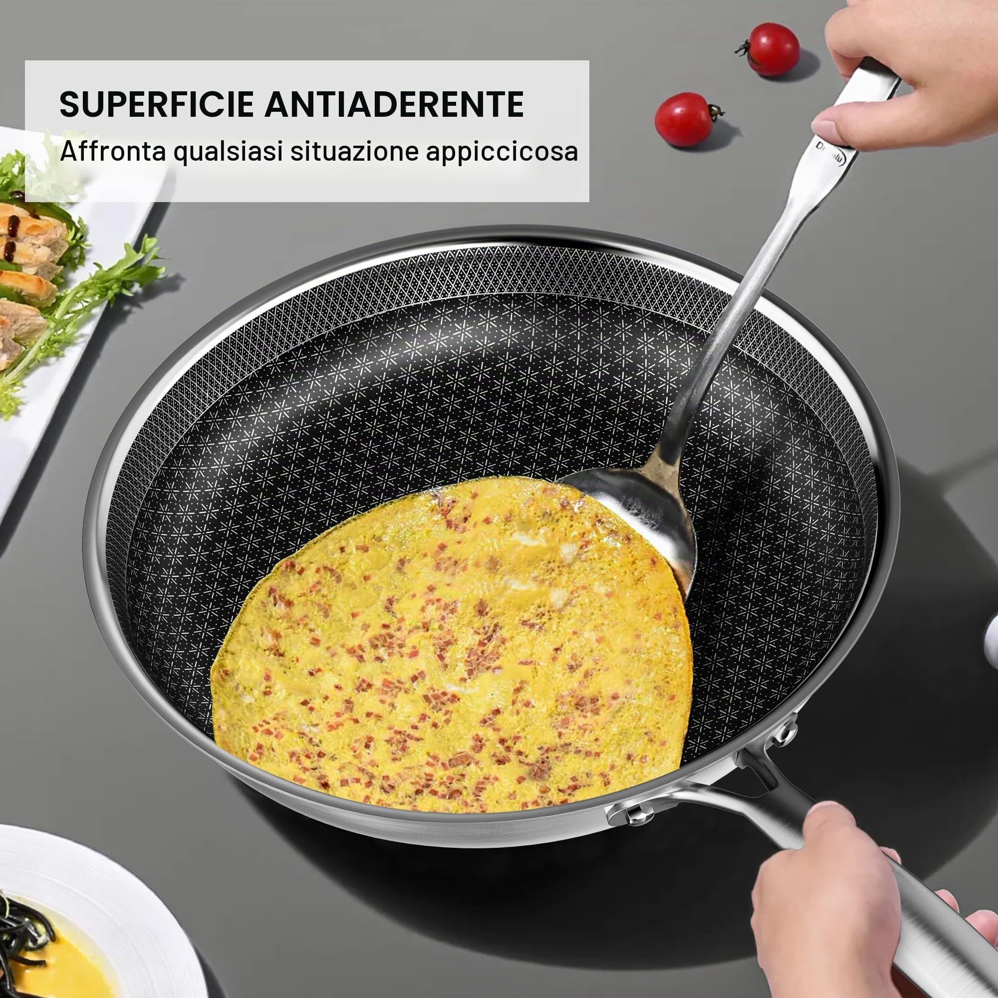 RIOVARM Acciaio inossidabile Set di padelle Induzione Antiaderente Padella Wok 20cm 26cm 30cm Lavabile in lavastoviglie Sicura per il forno Padelle e padelle universali per tutti i tipi di fornelli