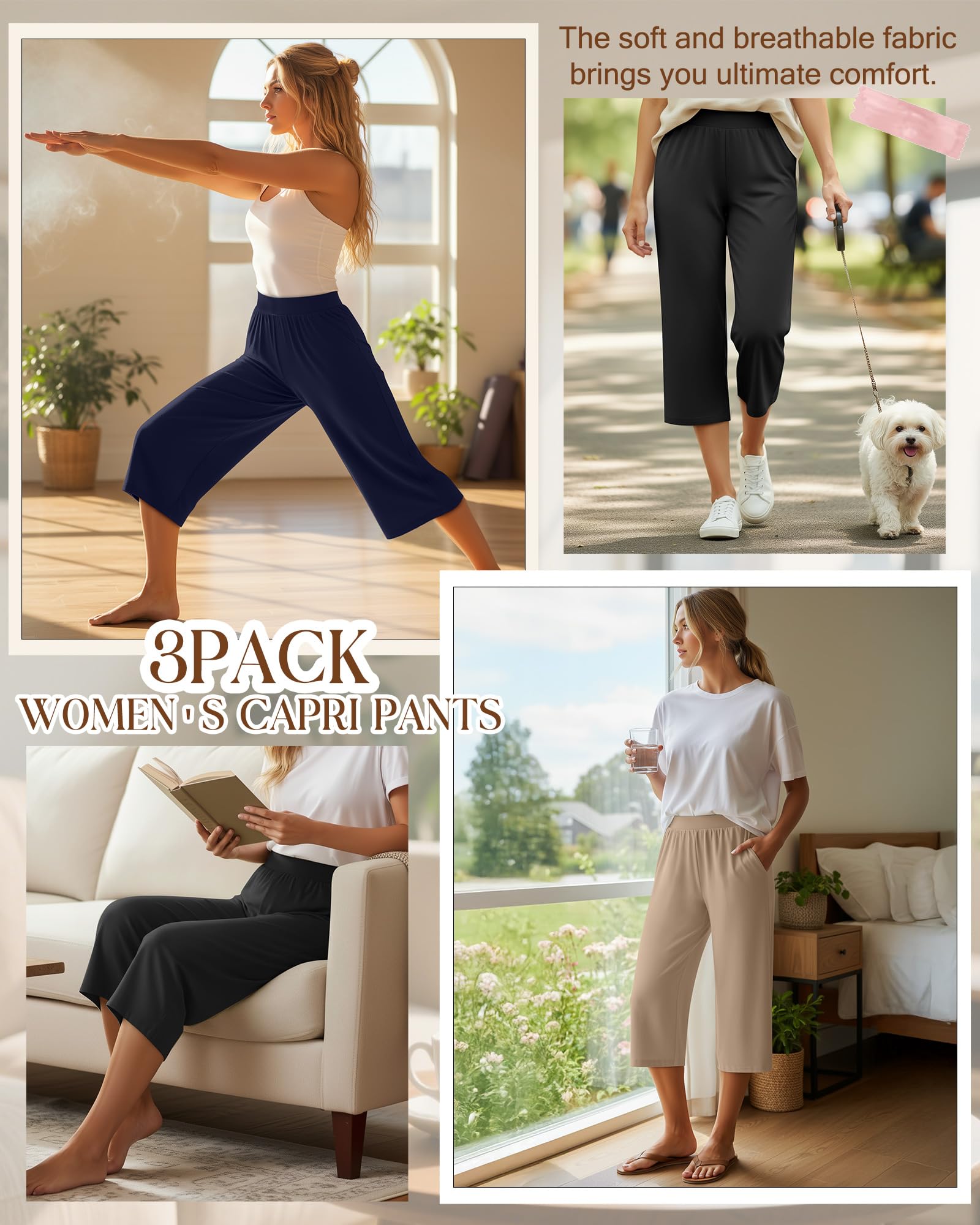 Geyoga Pack de 3 Pantalones Capri de chándal para Mujer, Perneras Anchas, Capri Cropped con Bolsillos, Pantalones Jogger