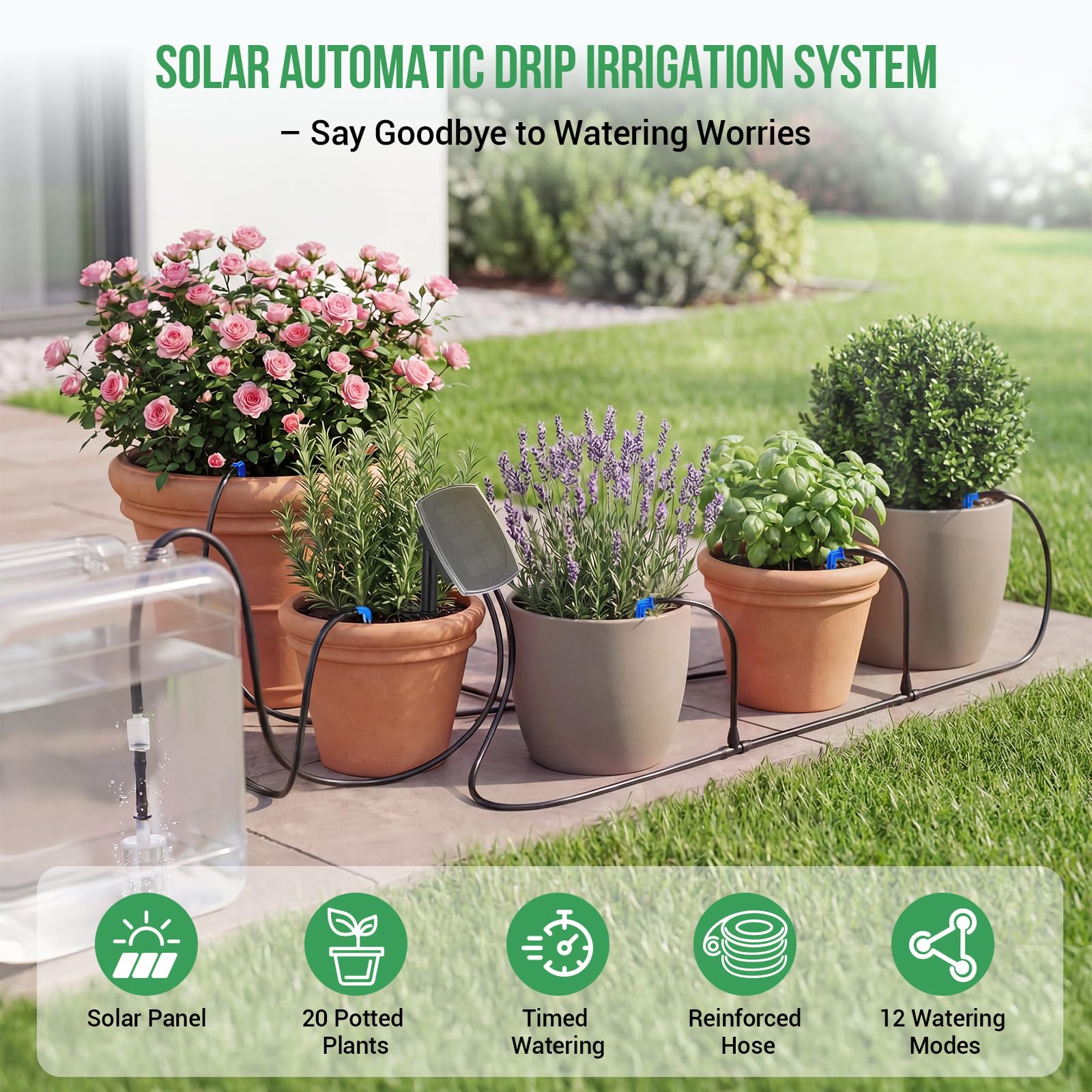 Solar Bewässerungssystem Balkon für 20 Topfpflanzen - 2026 Neuestes Automatische Bewässerung System mit 12 Timer-Modi & 20m Tropfschlauch für Garten Balkon Greenhouse Pflanzen Kübelpflanzen im Freien