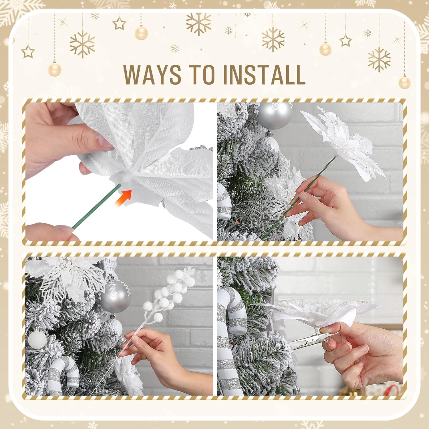 Alupssuc 24 Pieces Christmas Tree Decorations, 12 PCS White Poinsettia Flowers Artificial and 12 PCS Glitter Christmas Tree Picks for Christmas Decorations Party Wreath Fireplace Stairs, White