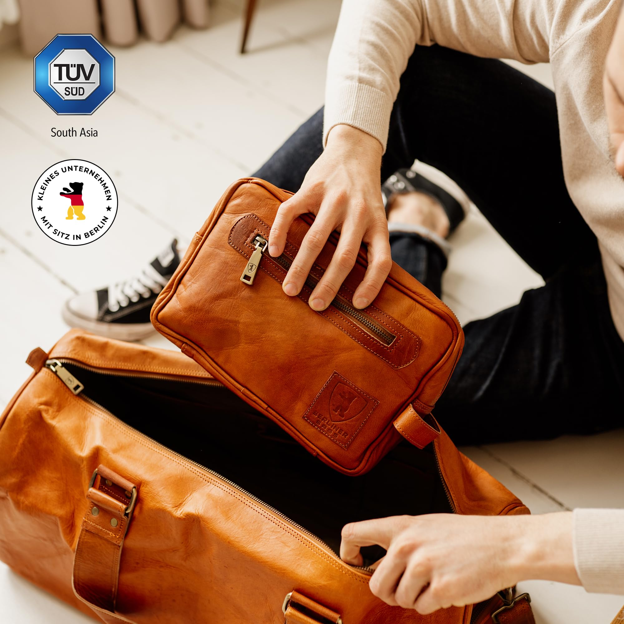Berliner Bags Vintage Kulturbeutel Paul aus Leder, Kulturtasche für Damen und Herren für Reisen - Braun