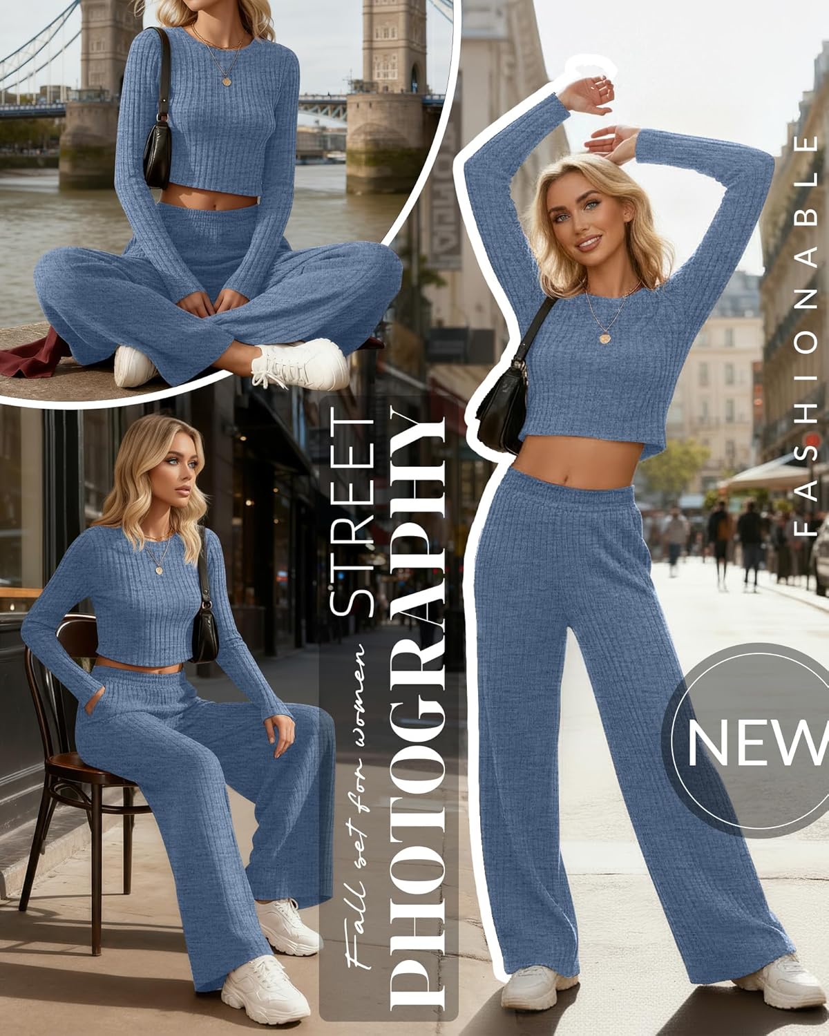 Women's 2 Piece Lounge Sets 2026 Ribbed Long Sleeve Crop Top Wide Leg Pants Travel Outfits Casual Matching Set - Image 3
