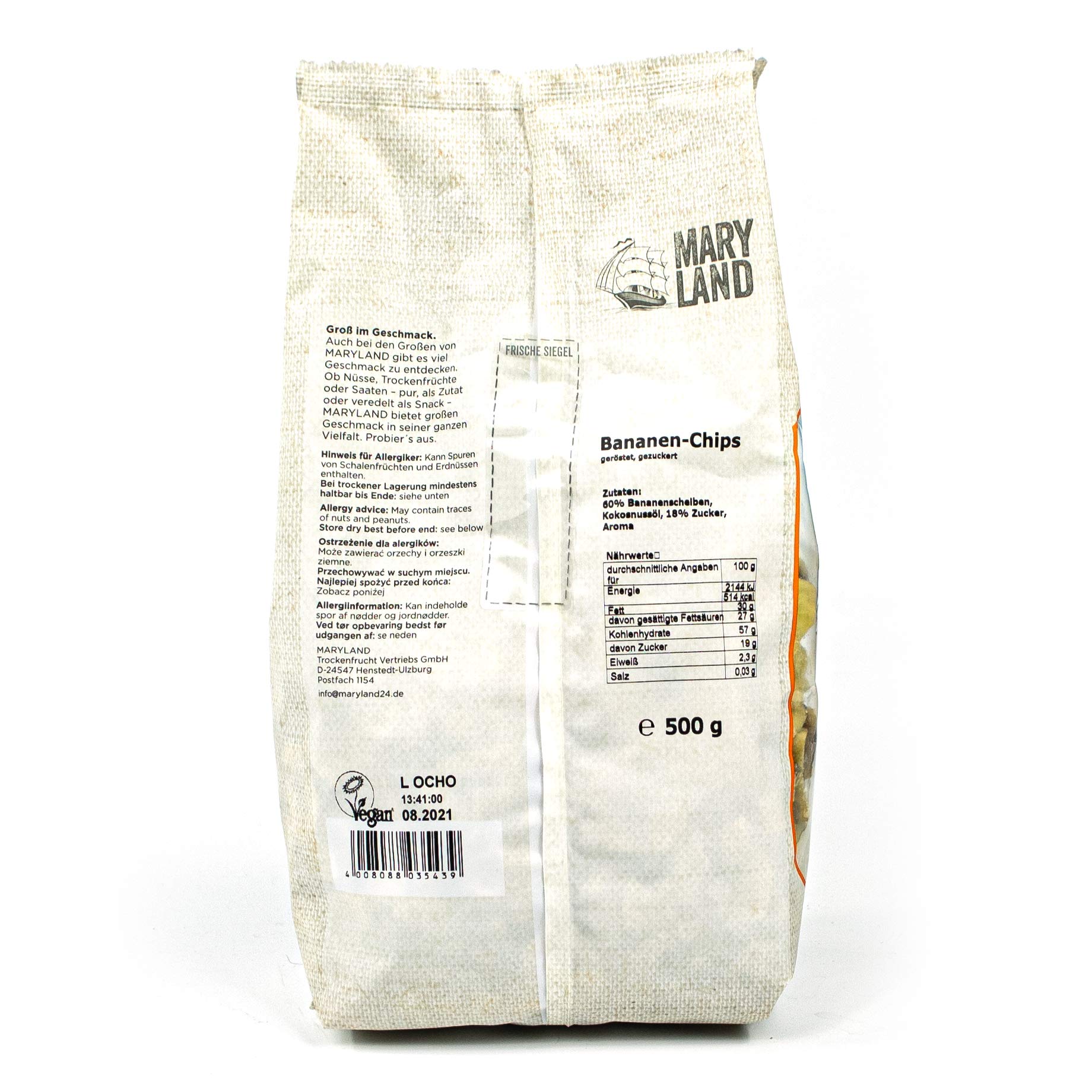Maryland - 5er Set Bananenchips mit Rohrzucker gesüßt in 500 g Packung - Bananenscheiben getrocknet & geröstet ideal für Müsli, Süßspeisen, als Topping oder zum Backen - (Bananen Chips gezuckert)
